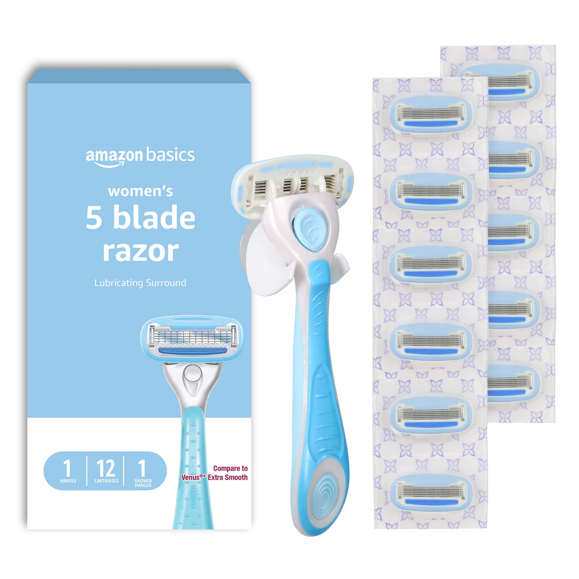 5-Blade Razor Handle for Women, Includes 12 Cartridges and Shower Hanger, 14 Piece Set, Blue