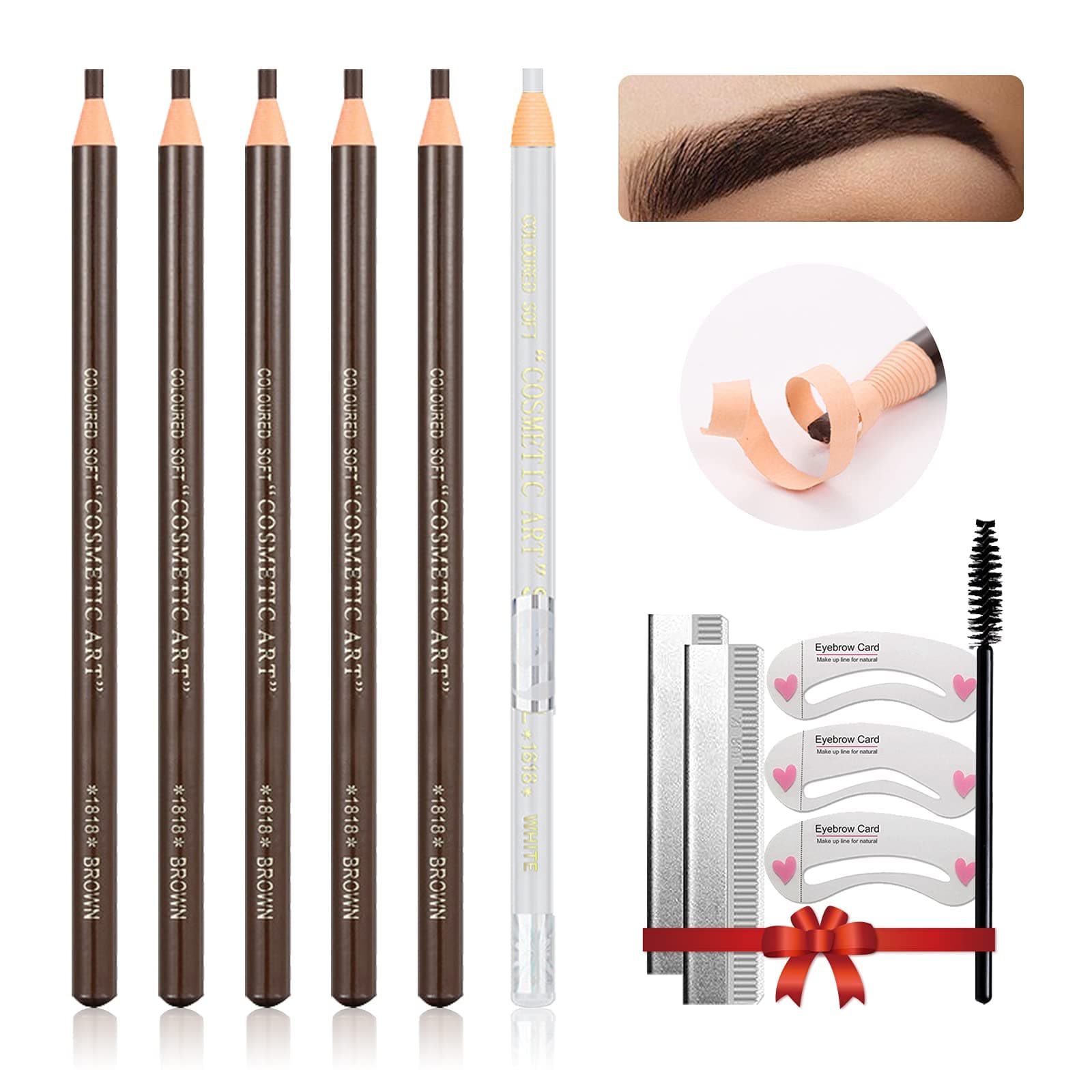 Waterproof Eye-Brow Pen-cil Set, Pull Cord Peel-off Eyebrow Pencil Microblading Pen Supplies Kit, White Eye-Liner Pencil and Eyebrows Tool Tattoo Makeup For Marking (5+1 Dark Brown)