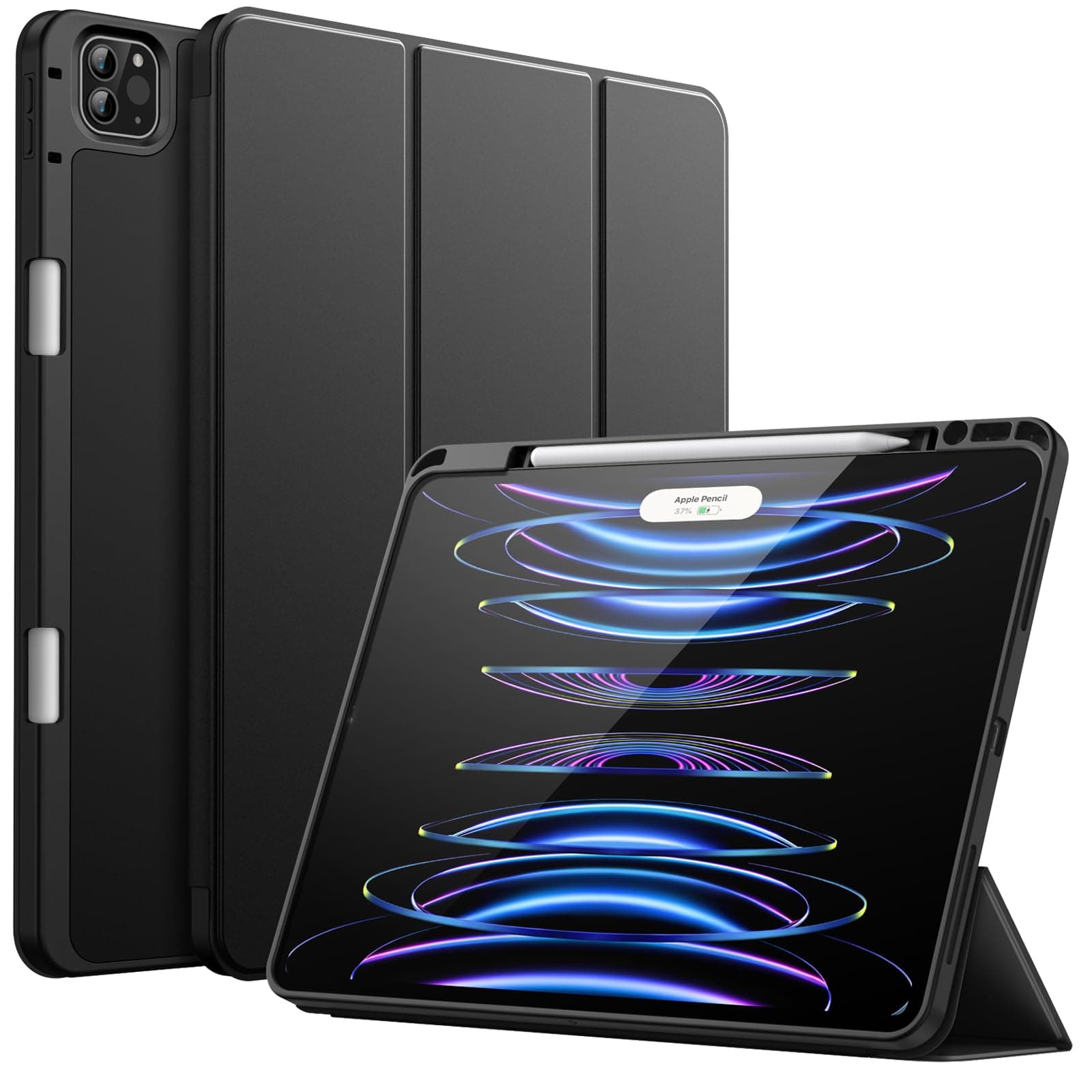 Case for iPad Pro 12.9-Inch (6th/5th Generation, 2022/2021 Model) with Pencil Holder, Support 2nd Pencil Charging, Slim Tablet Cover with Soft TPU Back, Auto Wake/Sleep (Black)