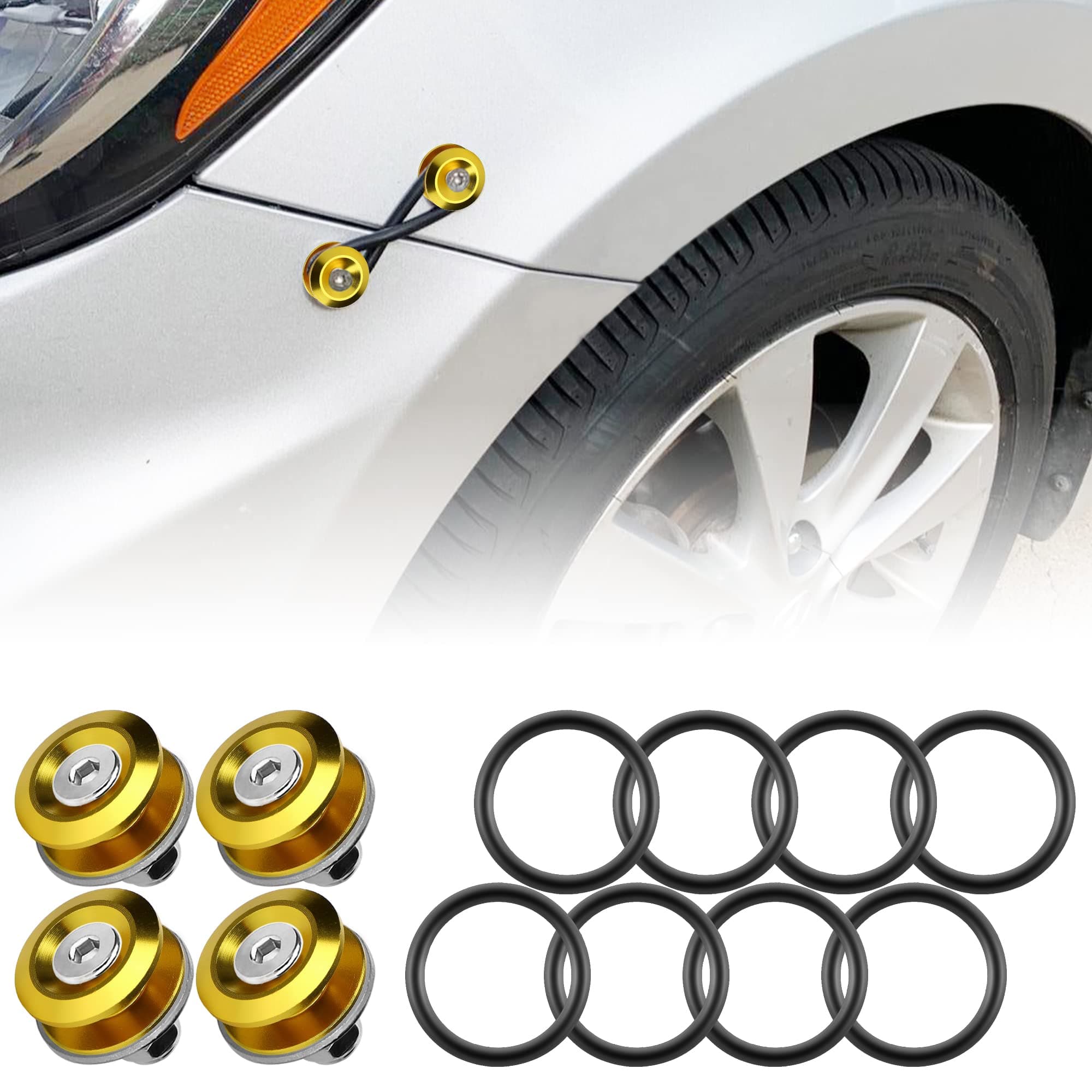 JDM Bumper Quick Release Front Rear Bumper Fasteners, 4 Piece (Gold), 8 x O-Ring