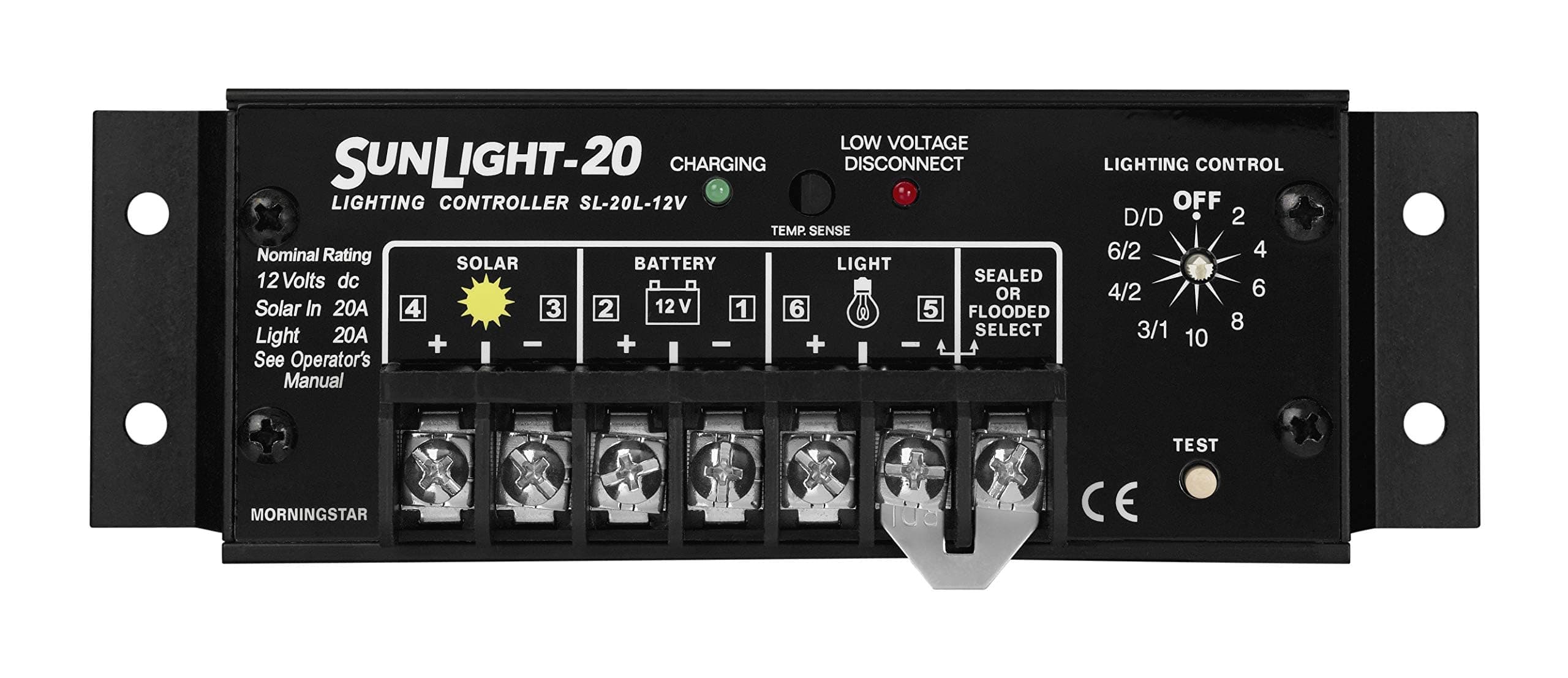 Morningstar Sunlight 20A Solar Charge Controller (SL-20L-12V) - Solar Panel Regulator for 12 Volt Batteries, Lighting Ctrl, Easy Setup, Corrosion Resistant Terminals, 5 Year WTY - Designed in The USA