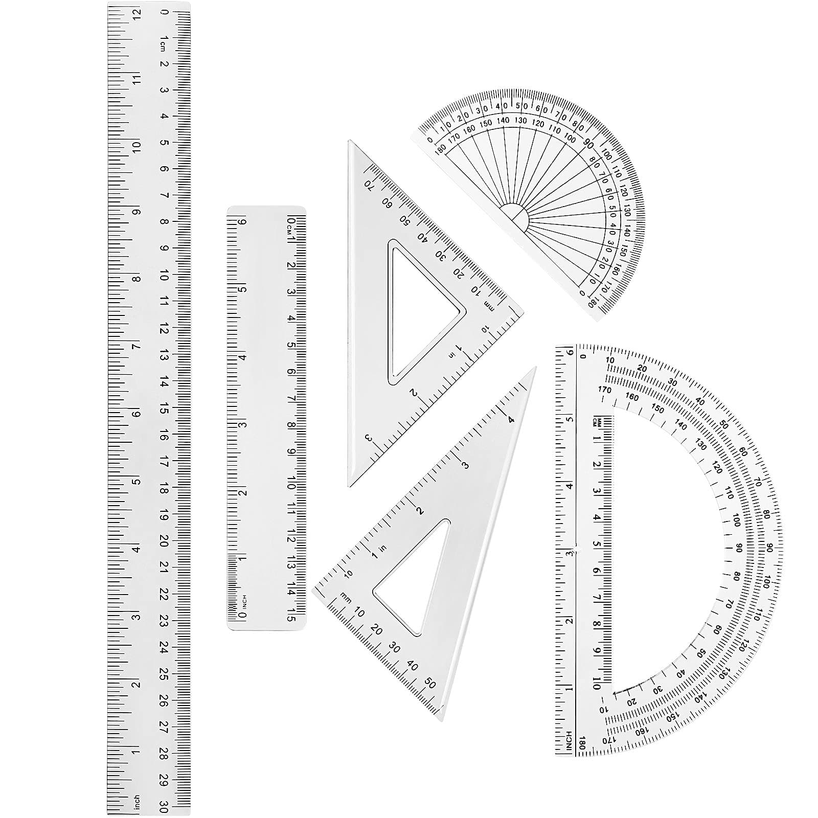 Tenare 1 Set Plastic Clear Math Set Includes Protractor Triangle Rulers 12 Inch 6 Inch Straight Geometry Math Transparent Ruler Measuring Tool for School Office Home Supplies(Clear)