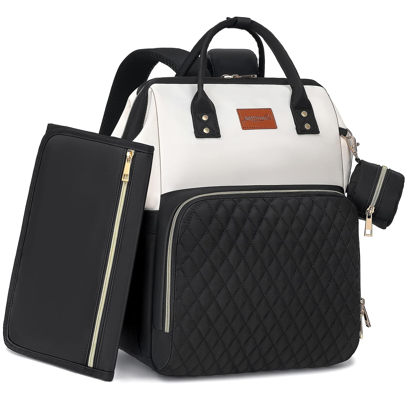 ROSEGIN Baby Diaper Bag Backpack with Changing Pad, Pacifier Case, for Boy Girl Toddler - Large, Stylish, Waterproof Travel Quilted Diaper Bag for Mom - Black/White