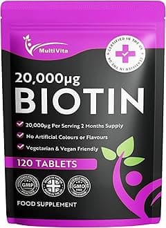 Biotin 20000 mcg Per Serving – 120 Vegan Tablets 2 Per Day not Capsules or Gummies – High Strength Biotin Supplement for Healthy Hair Growth, Skin & Nails – UK Made Vitamin B7 Tablets