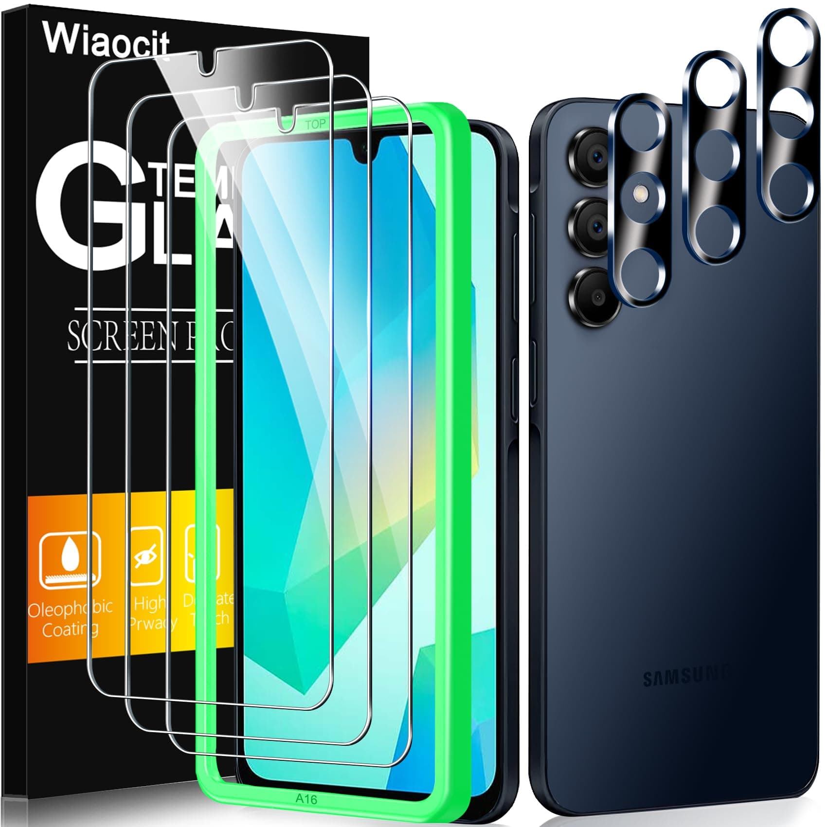 Wiaocit 3 Pack Tempered Glass Screen Protector for Samsung Galaxy A16 5G with 3 Pack Camera Lens Protector, 9H Hardness, Bubble Free, Case Friendly