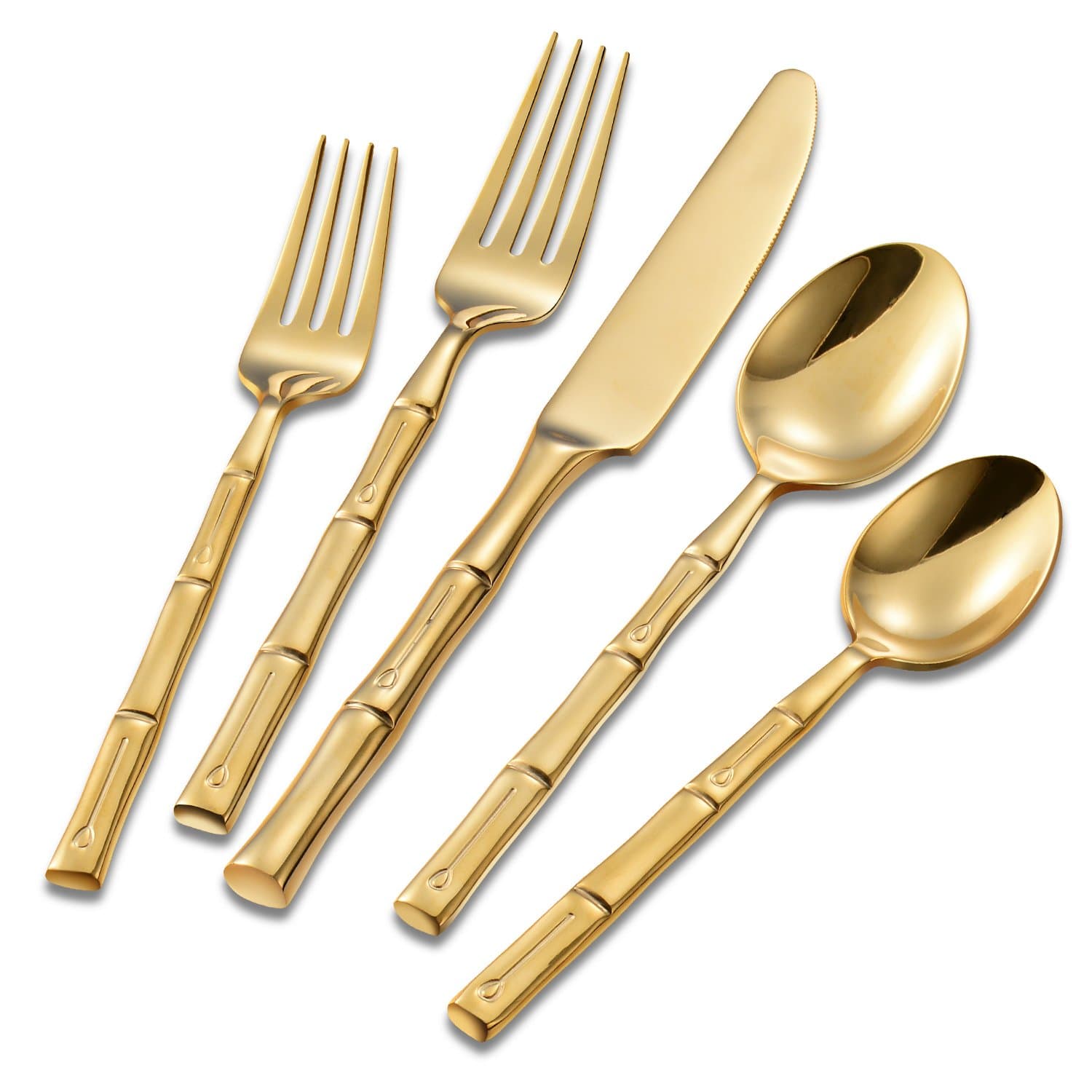 Flatasy Gold Forge Bamboo Mirror 5 Piece Flatware Set,Stainless Steel Cutlery Dinnerware,Service for 1