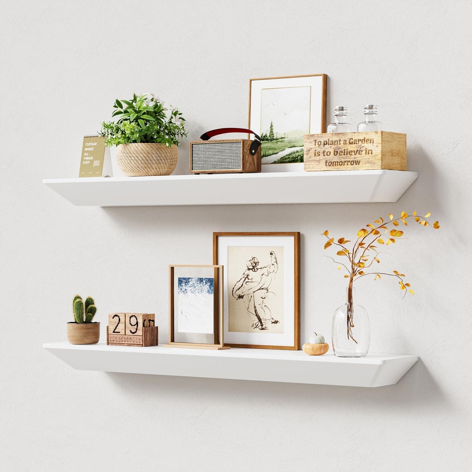 36 Inch White Floating Shelves, 6'' Deep Large White Floating Shelves for Wall, Easy Hanging Wall Shelves for Bedroom Living Room Bathroom Nursery, 2-Pack Crown Molding Decorative Shelves