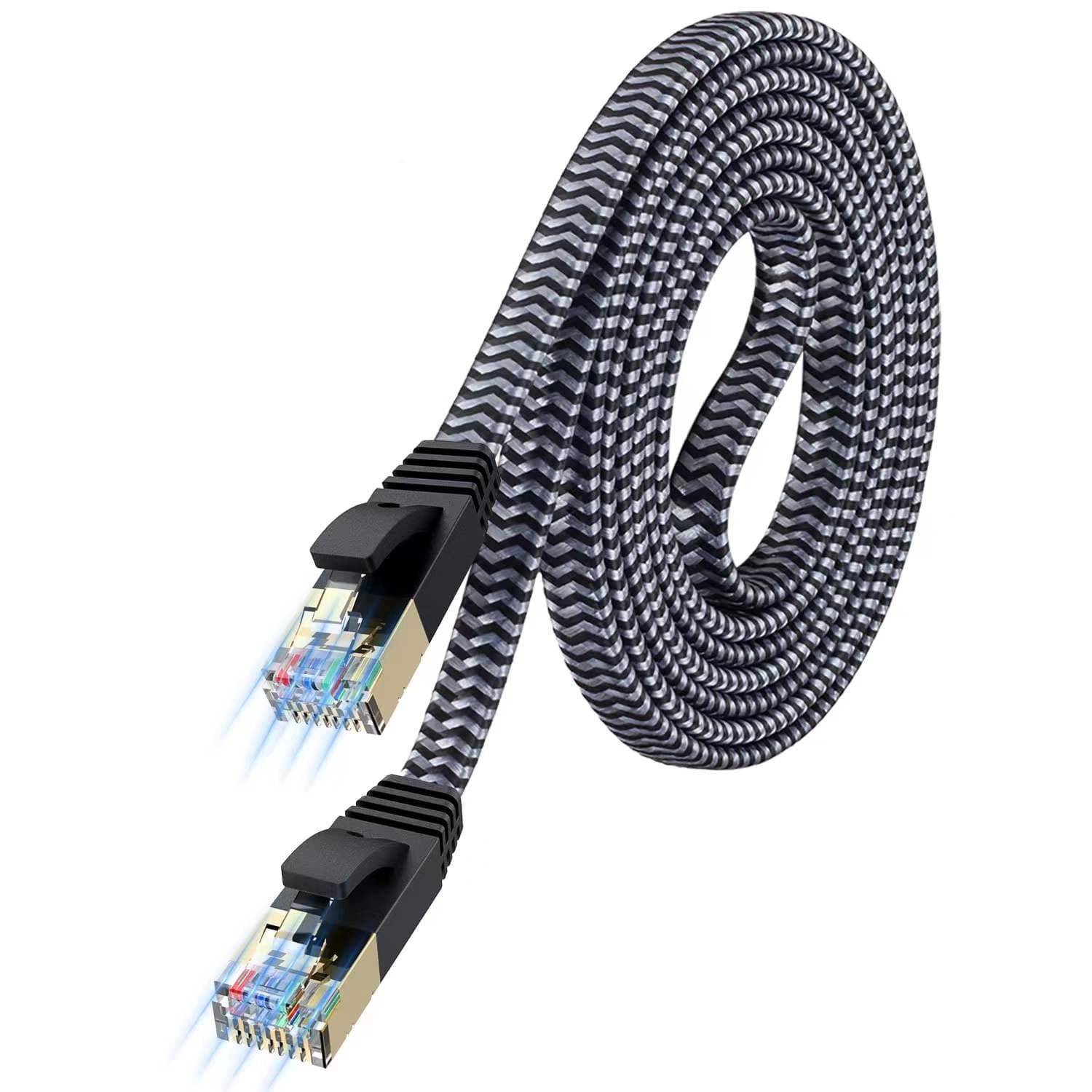 Cat 7 Ethernet Cable 15ft - Nylon Braided Flat High Speed Internet Cable LAN Cable Shielded Fast and Stable Ethernet Cord for Home and Office