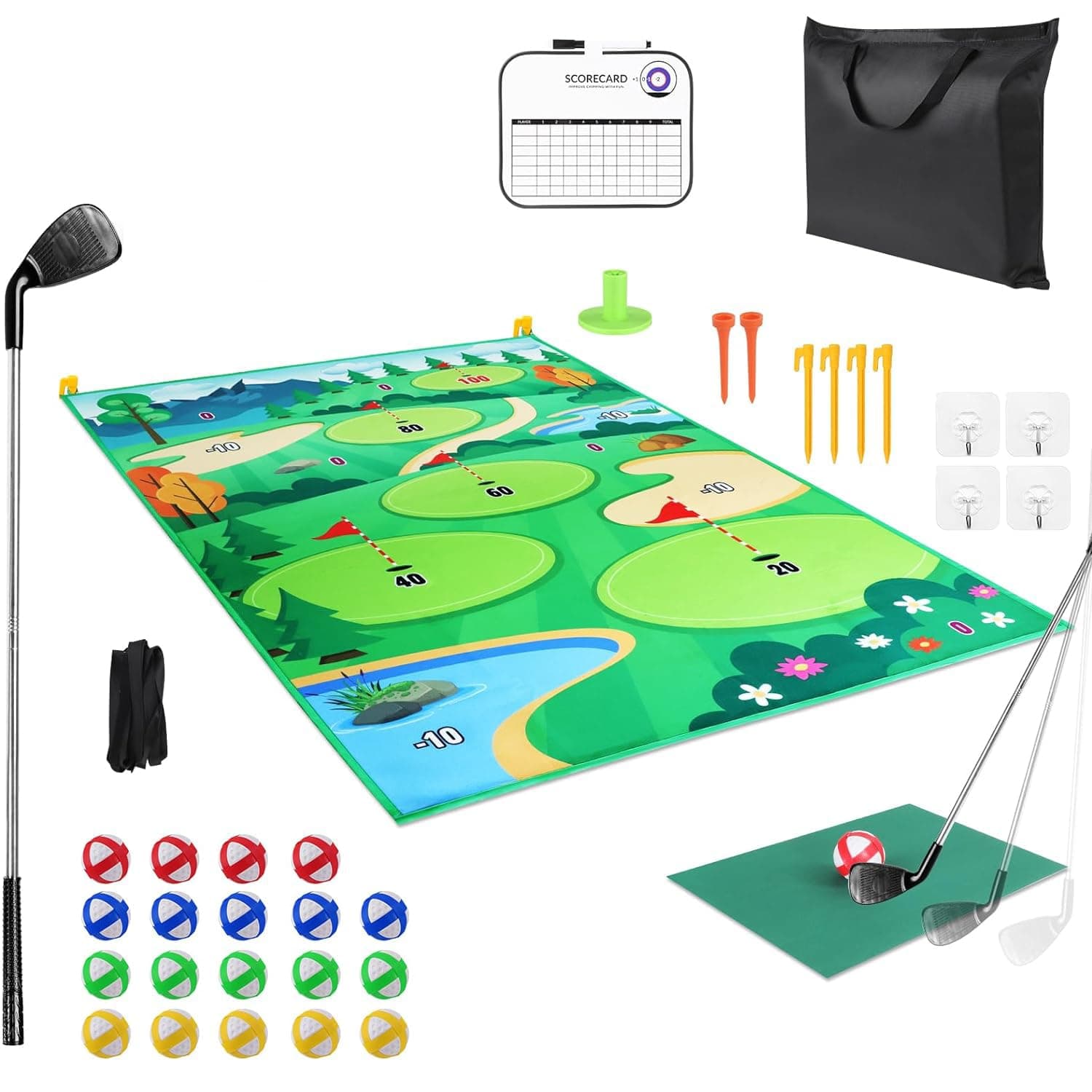 Golf Chipping Game Velcro Golf Hitting Mat Golf Training Mat for Adults Golf Training Aid Equipment for Indoor Golf Outdoor Game Golf Practice Mat with 2Pcs Clubs, 20 Balls