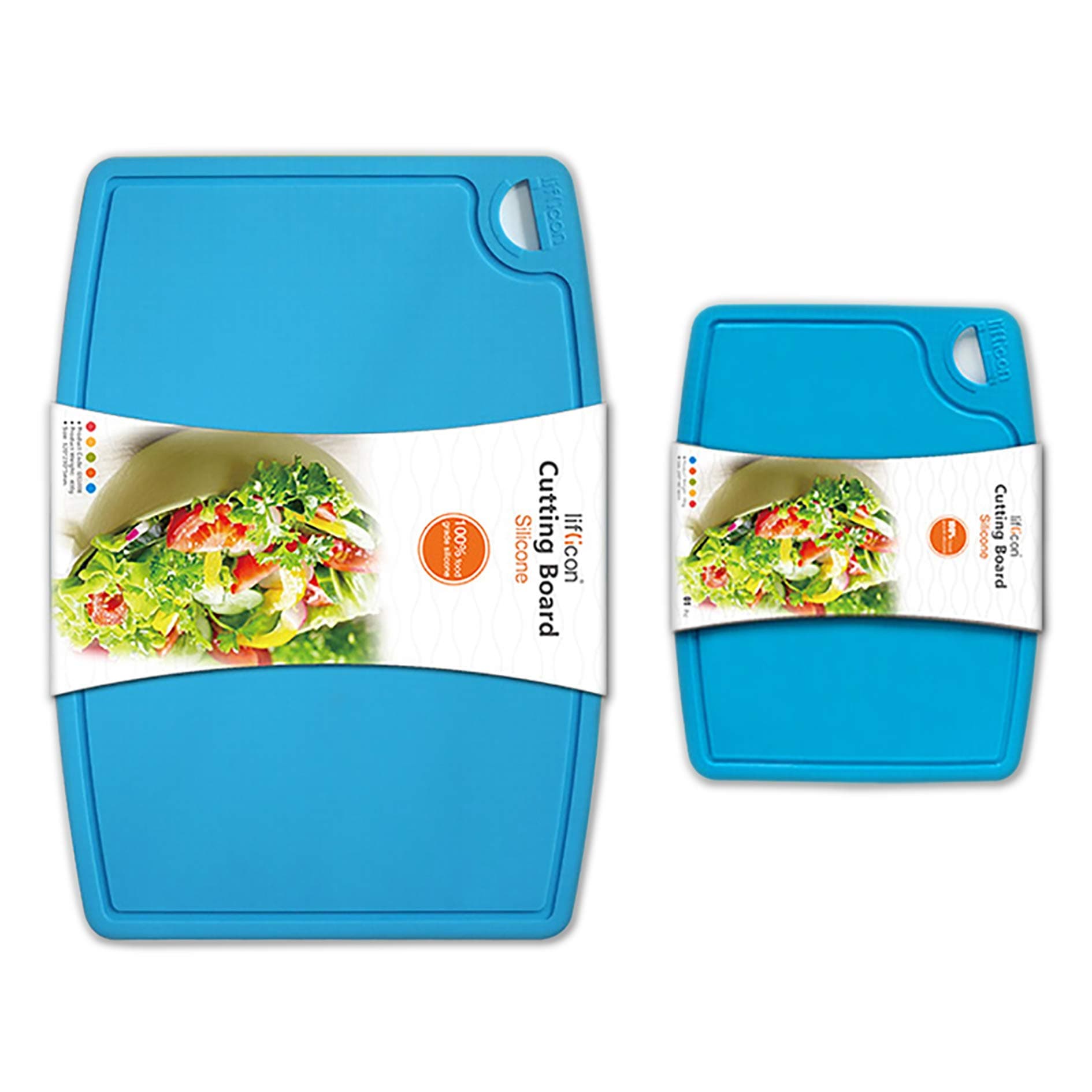 Thick Silicone Cutting Boards for Kitchen Silicone Chopping Boards/Mats Set of 2 Extra Large14.6''x10.43'', Mini 9.1”x7.1” Non-slip Deep Drip Juice Groove, Dishwasher Safe-Blue