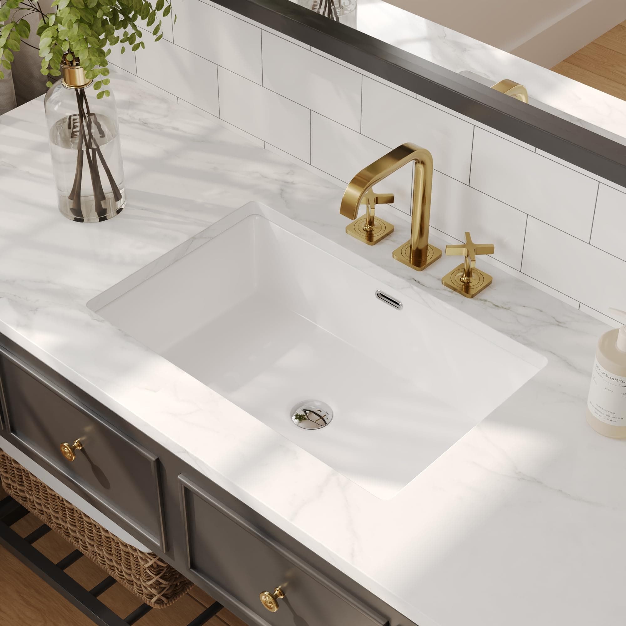 DeerValley 23.9"x15.79" Undermount Bathroom Sink Rectangular Undermount Sink White Ceramic Under Counter Bathroom Sinks with Flat Overflow DV-1U0209