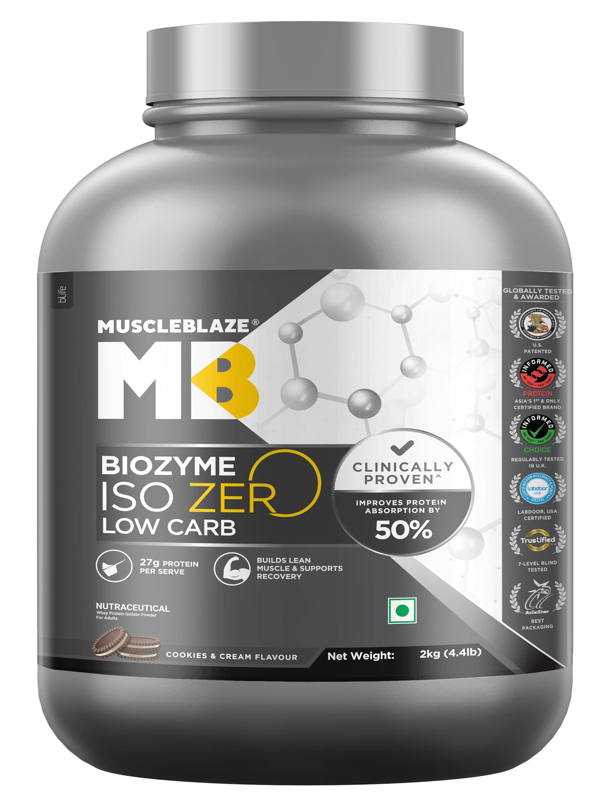 MuscleBlaze Biozyme Iso-Zero, Low Carb Whey Protein Isolate Powder | 27g Isolate Whey Per Scoop (Cookies & Cream, 2kg / 4.4lbs) | USA Patent-Published Enhanced Absorption Formula (EAF)