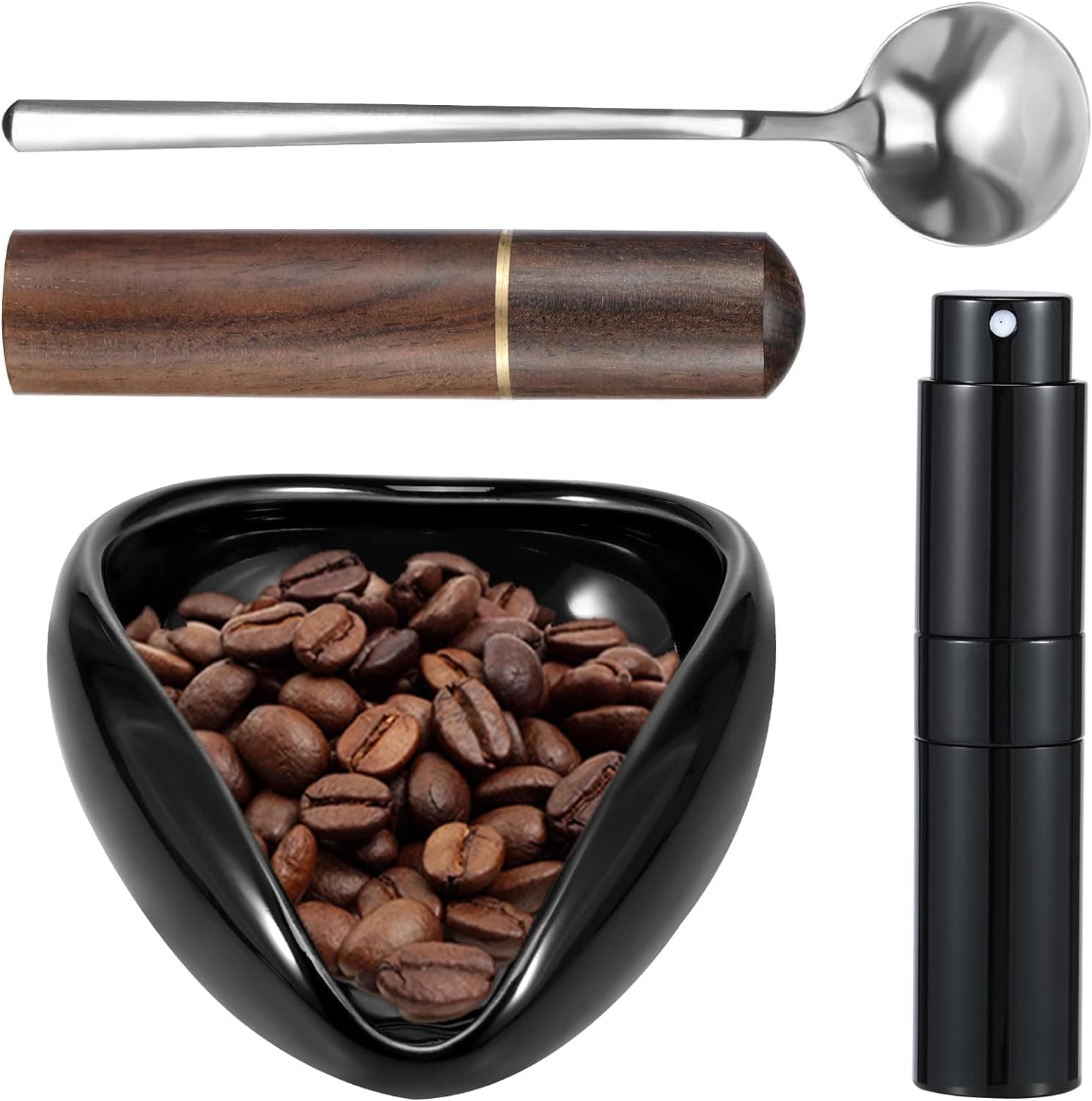 4 Piece Black Coffee Bean Dosing Cup, Spray Bottle, Espresso Stirrer Tool, Teaspoon Set, Ceramic Coffee Dosing Vessel Tray Kit Coffee Bar Accessories for Coffee Lovers (Up to 35g Coffee Bean)
