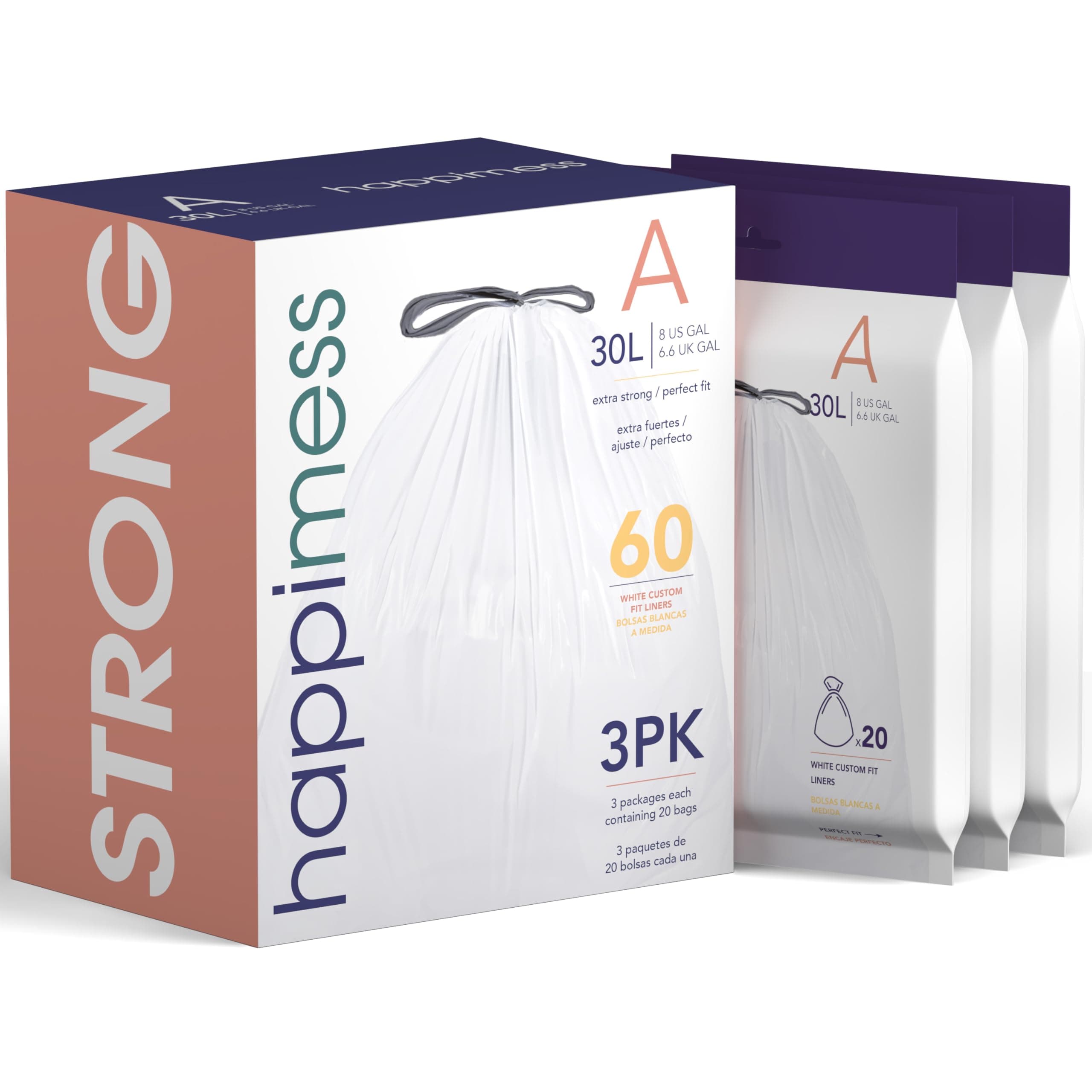 HPM3000A-WHITE 7.9 Gallon Drawstring Trash Can Liner, White, 60-Count, 3-Packs of 20 Liners