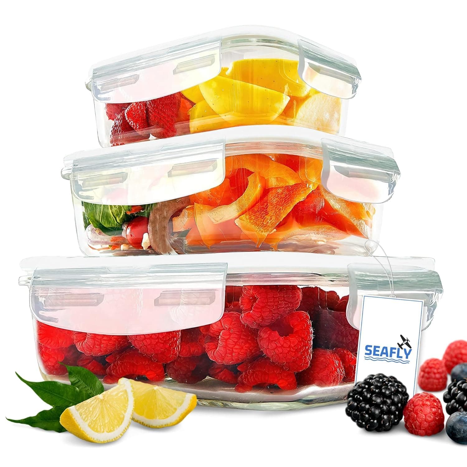 [3-Pack] Glass Kitchen Meal Prep Containers With Lasting Snap Locking Lids, Microwave/Oven/Freezer & Dishwasher Safe Assorted Colors