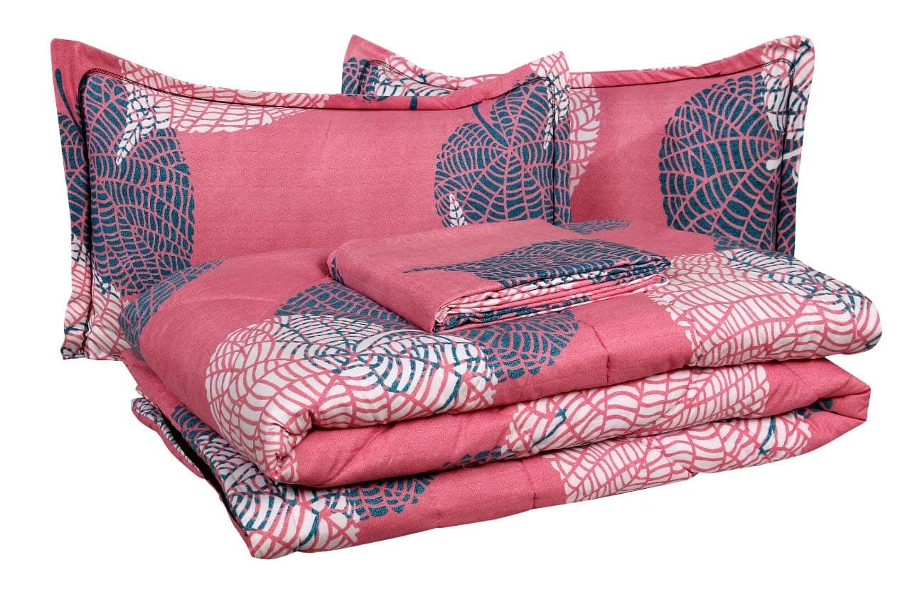 BSB HOME Microfiber 220 GSM Glace Cotton AC Comforter Set King Size Double Bed with 1 Flat bedsheet-90x100 inch and Two Pillow Covers II 4 pc Bedding Set-Light Pink and Green