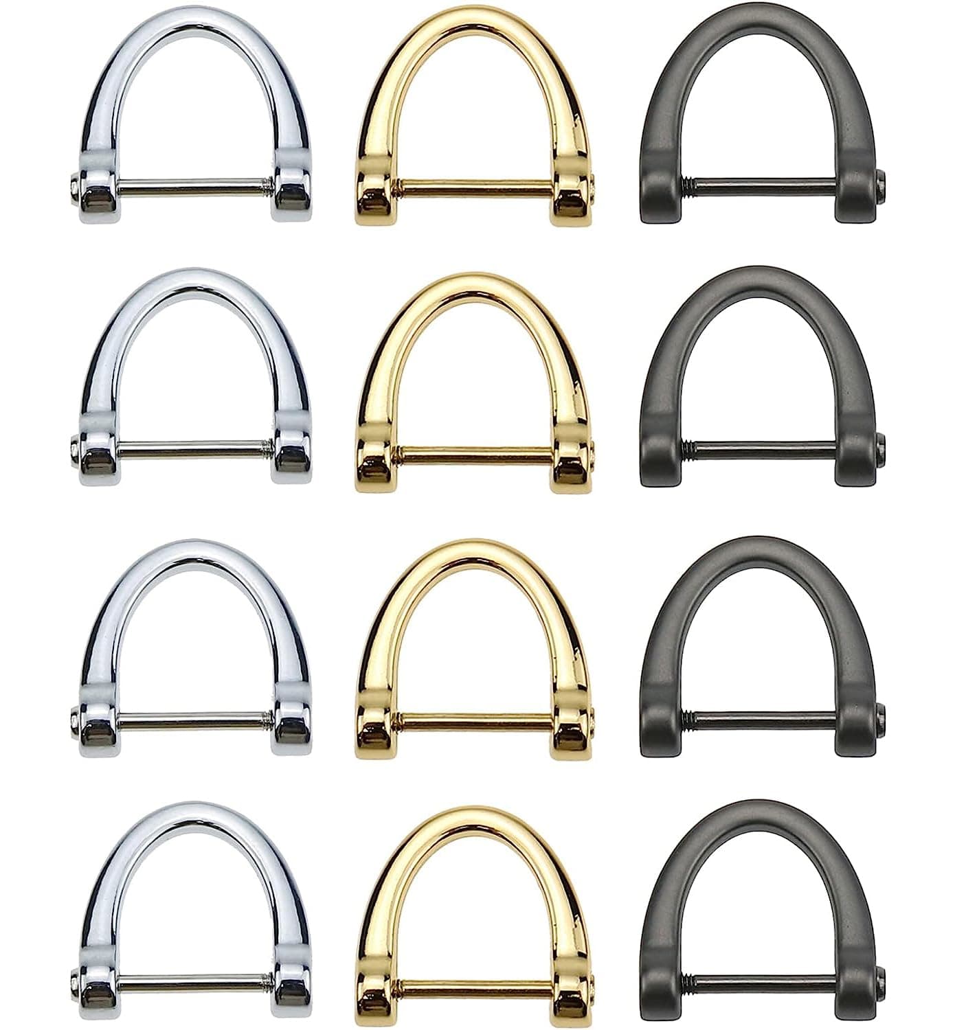Luckycivia 12 Pack D-Rings, Horseshoe Shape D Ring, U Shape D Rings, Screw in Shackle Semicircle D Ring, for DIY Leather Craft Accessories, Silver Black and Gold (1x1 inches)