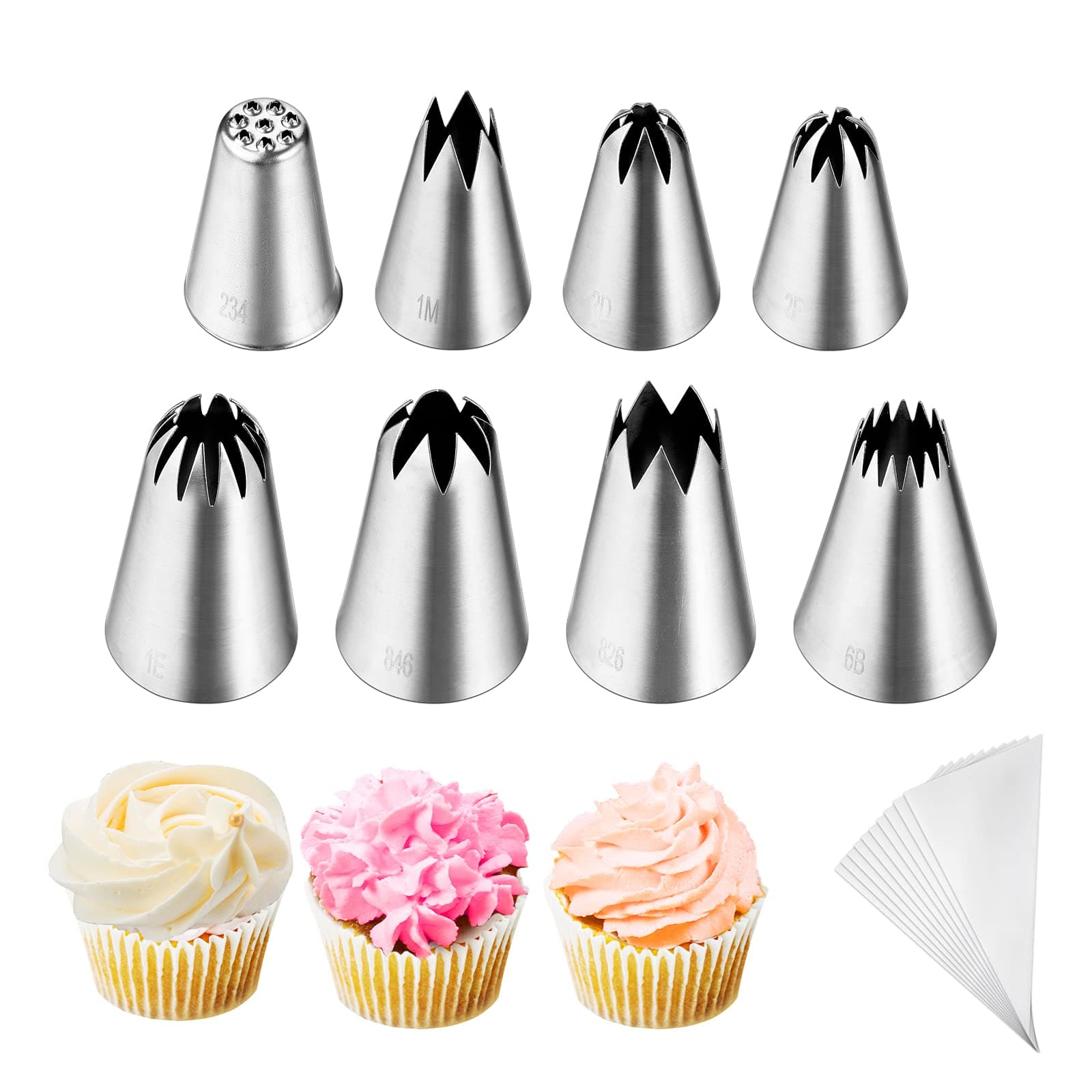Kasmoire 8Pcs Large Piping Tips Set,Stainless Steel Icing Tips with 10 Disposable Pastry Bags for Cake Decorating