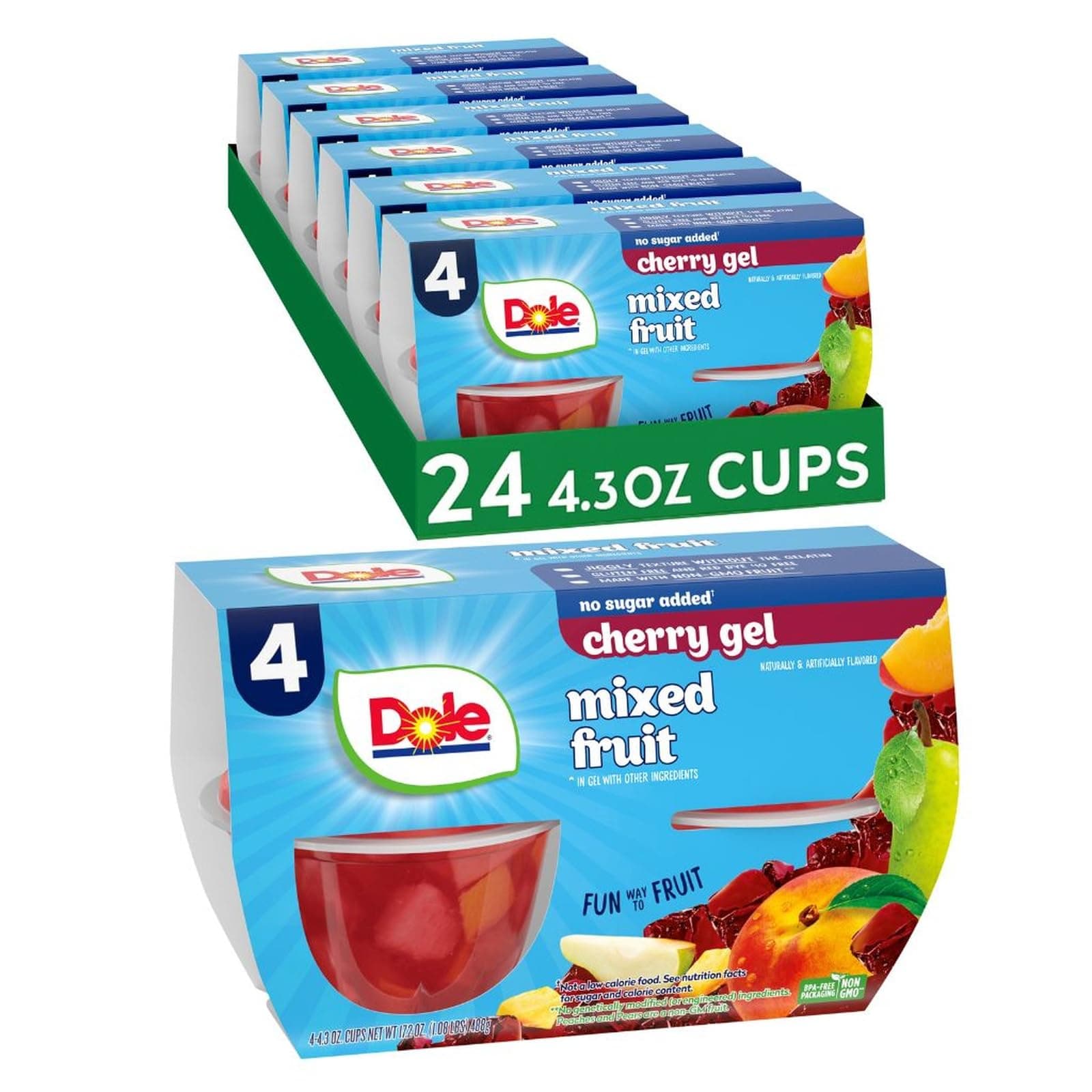 Dole Fruit Bowls Mixed Fruit in Cherry Flavored Gel Snacks, 4.3oz 24 Total Cups, Gluten & Dairy Free, Bulk Lunch Snacks for Kids & Adults