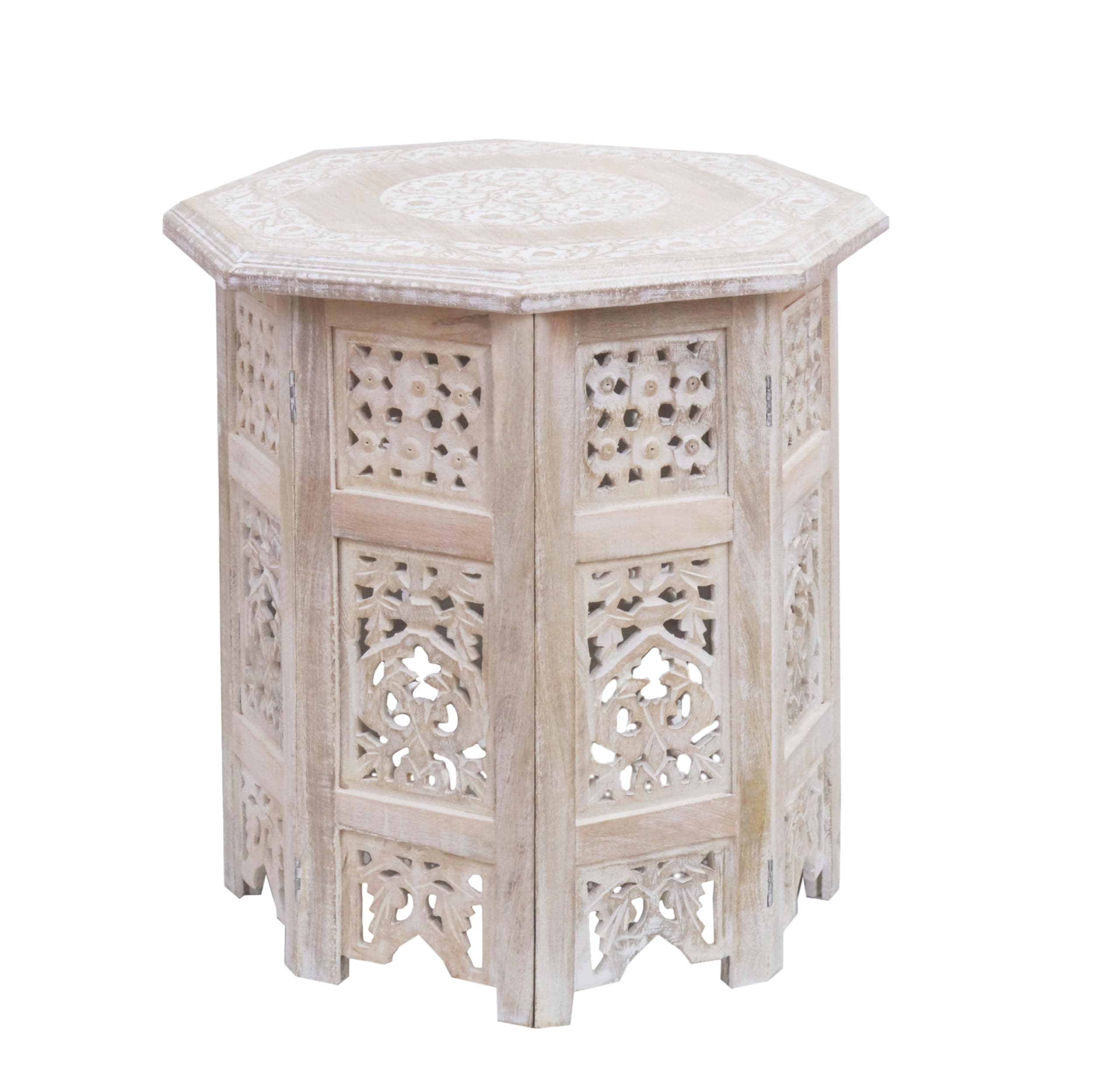 COTTON CRAFT Solid Wood End Table - Hand Carved Vintage Boho Folding Side Table - Small Spaces Entryway Accent Table - Farmhouse Living Room Bedside - No Tools Assembly - 18x18 Octagon - White Wash