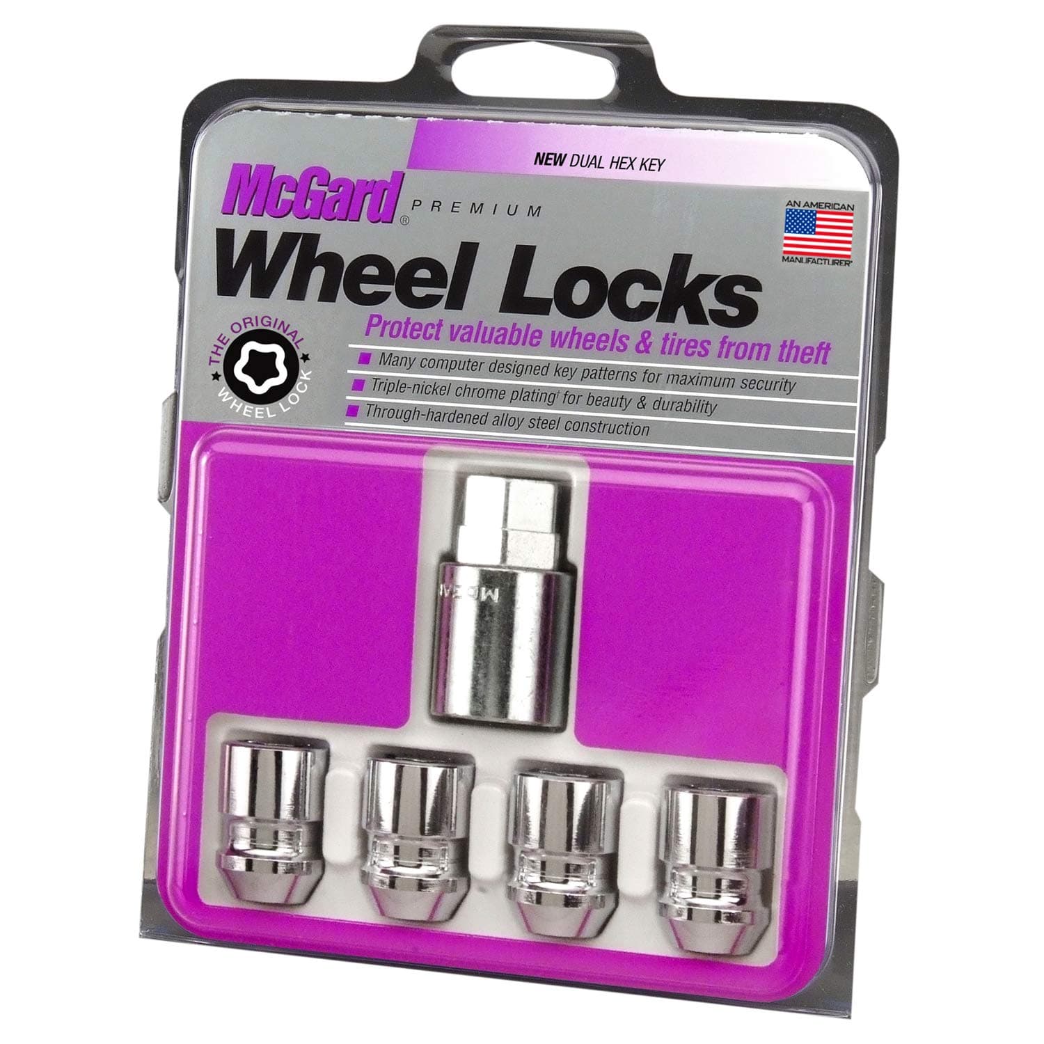 24157 Chrome Wheel Lock Set, Cone Seat, M12x1.5 Thread, 13/16 Key Hex