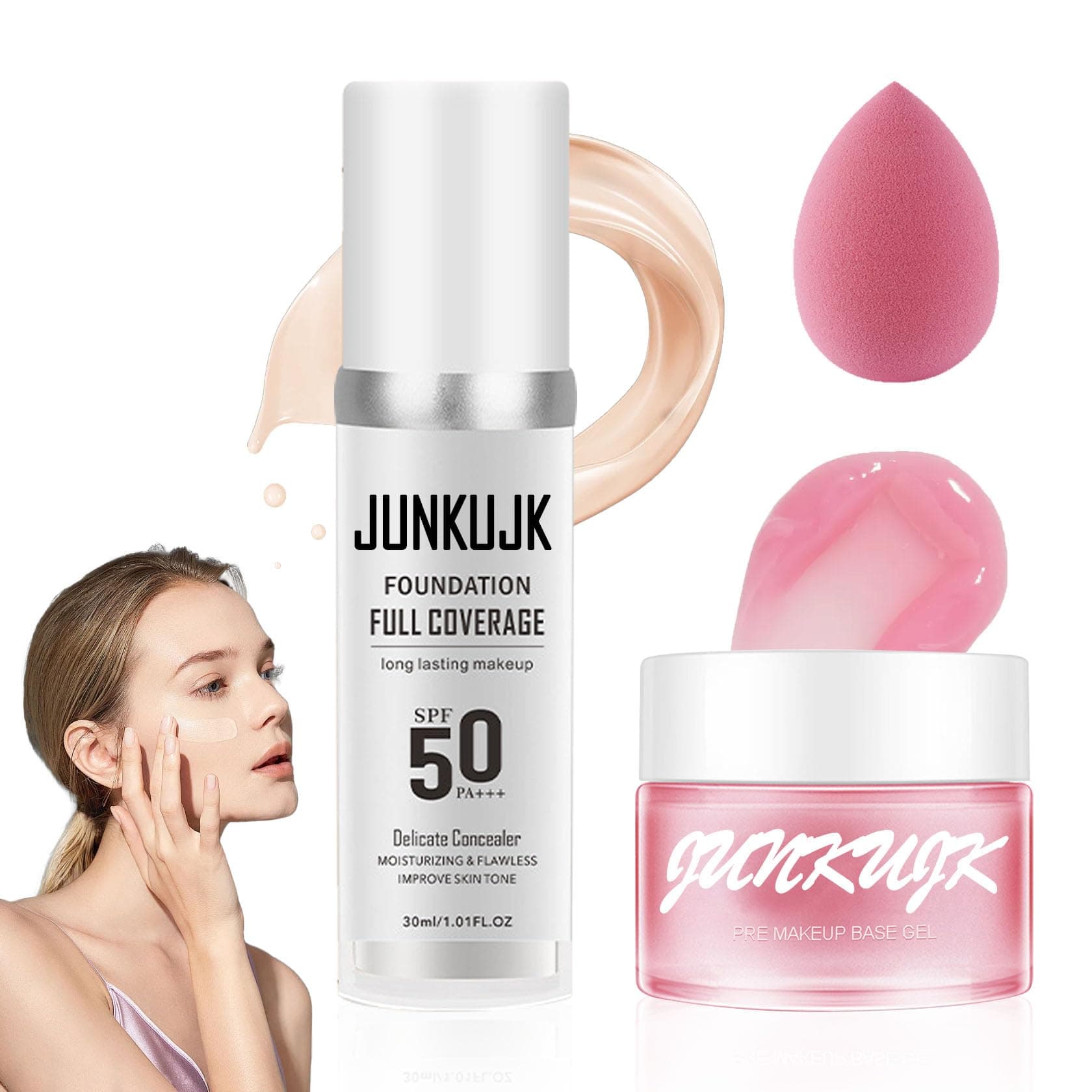 Color Changing Foundation Set,Flawless Liquid Foundation Full Coverage with Makeup Base Gel & Makeup Sponge Egg