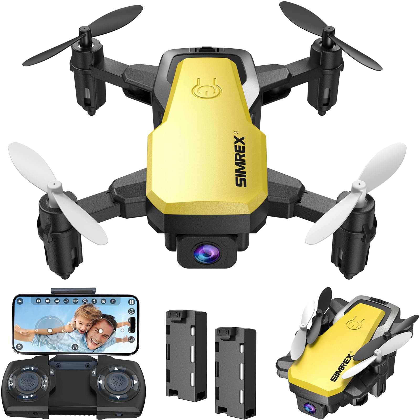 SIMREX X300C Mini Drone with Camera 720P HD, RC Quadcopter Foldable, Altitude Hold, 3D Flip, Headless Mode, Gravity Control and 2 Batteries, Yellow