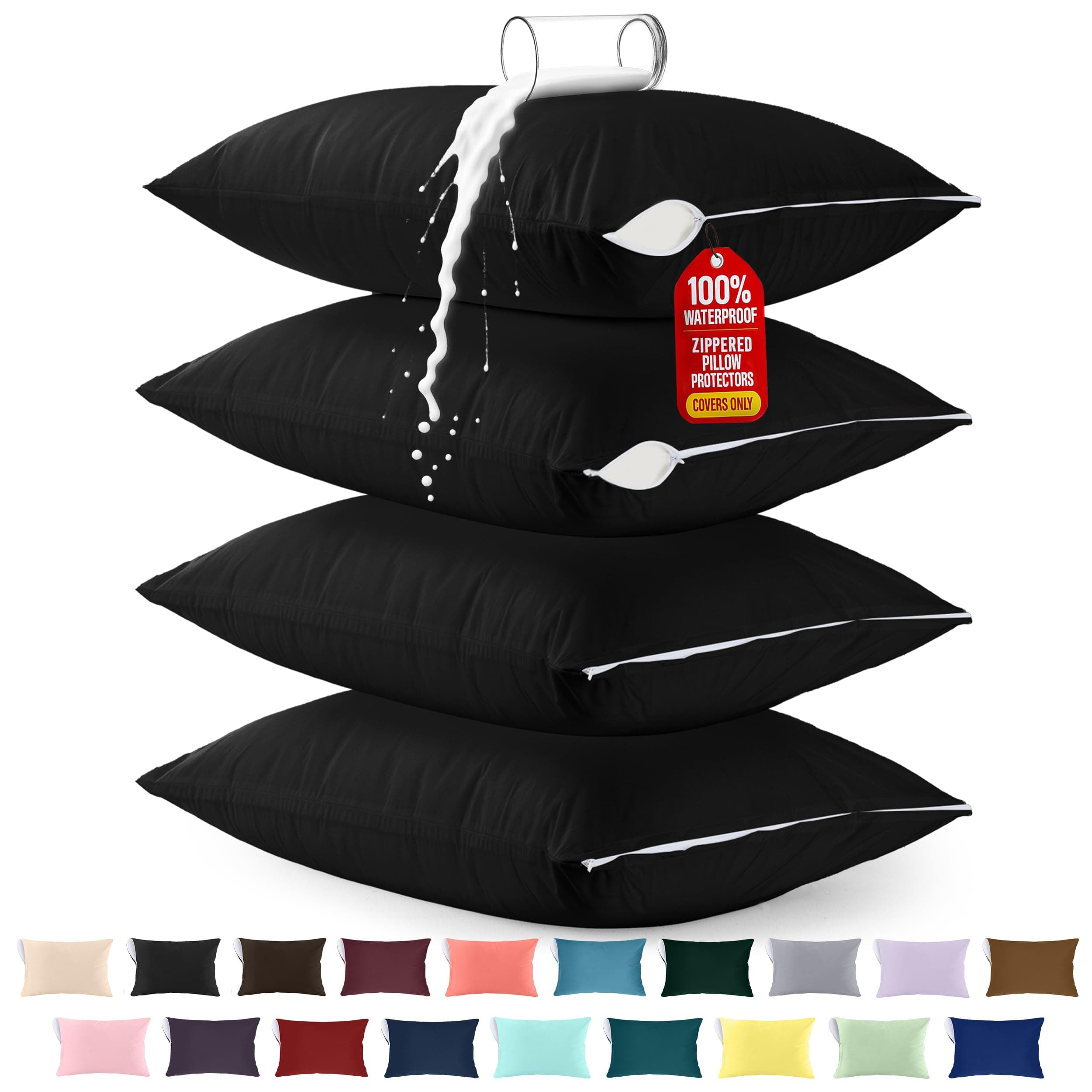 Utopia Bedding Premium 100% Waterproof Pillow Protectors with Zipper Standard Size (Set of 4), Bed Bug and Dust Mite Proof Zippered Pillow Covers, Pillow Encasement Cases, Black