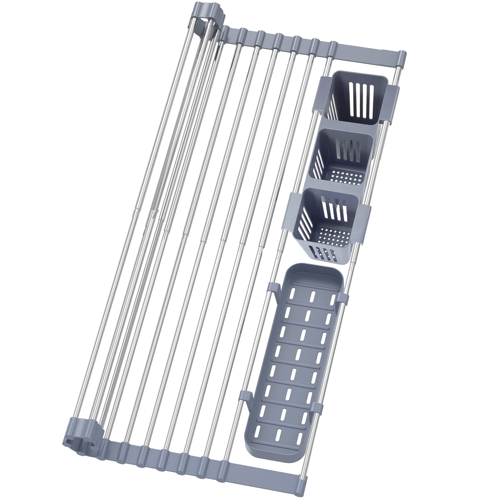 BBXTYLY Expandable Roll Up Dish Drying Rack Up to 22.8''with 2 Storage Baskets,Over The Sink Kitchen Rolling up Dish Drainer Drying Rack, Foldable,Rollable,for Kitchen Dishes(Expandable Width Size)