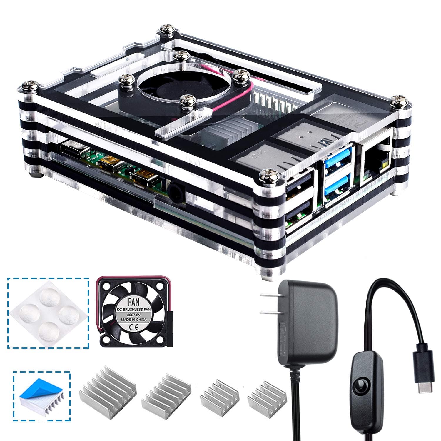 Case for Raspberry Pi 4 Model B, Acrylic Case with Cooling Fan, 4PCS Heatsinks, 5V 3A USB-C Power Supply for Raspberry Pi 4B (RPI 4 Board Not Included) - Black and Clear