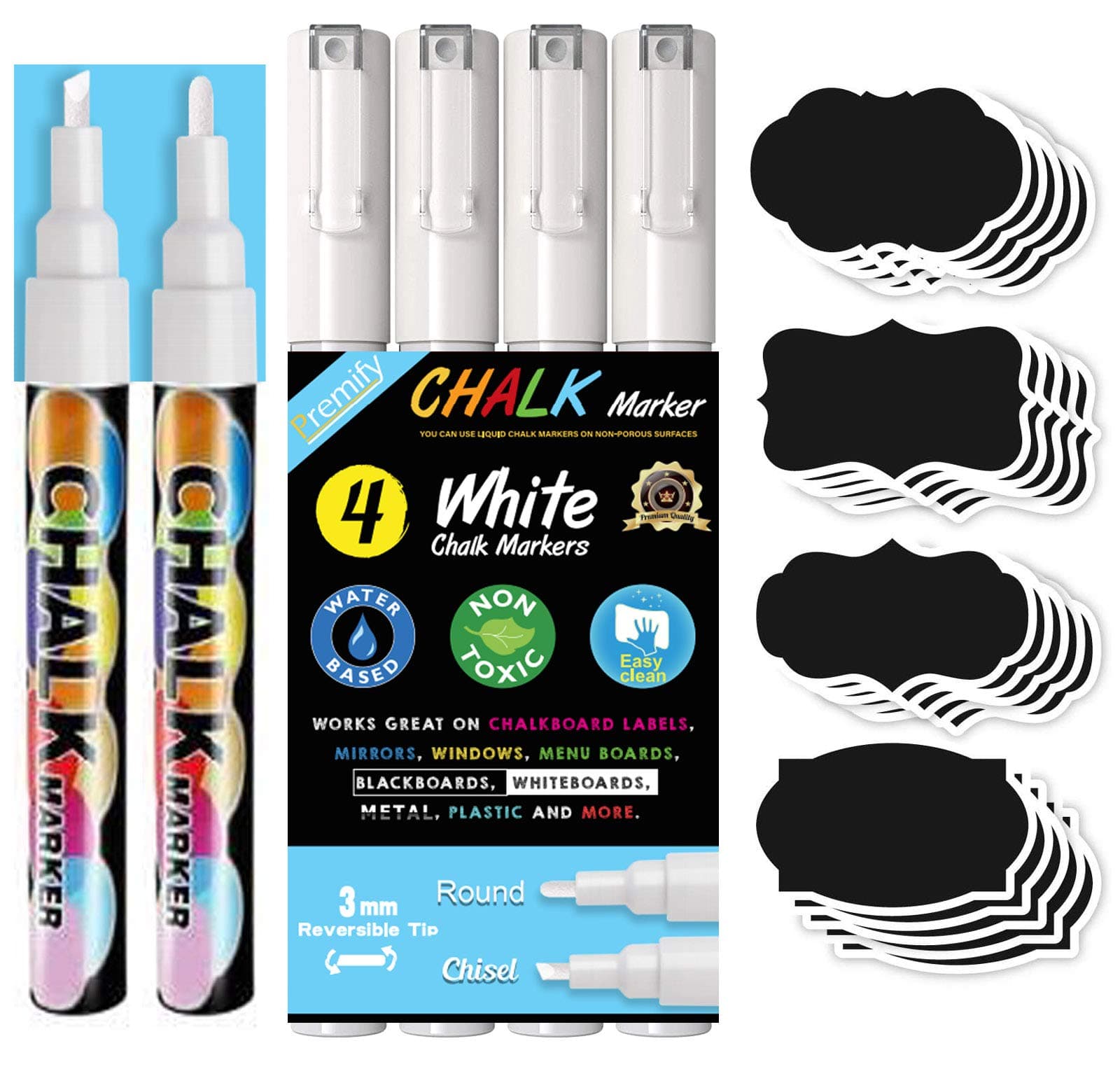 Fine Tip White Chalk Markers – 4Pcs/Set Liquid Chalk Marker + 32 Chalkboard Labels, Use for Windows, Blackboard, Signs, Glass, Bistro - Wet Wipe Erasable Pens - 3mm Reversible Bullet & Chisel Tip Pen