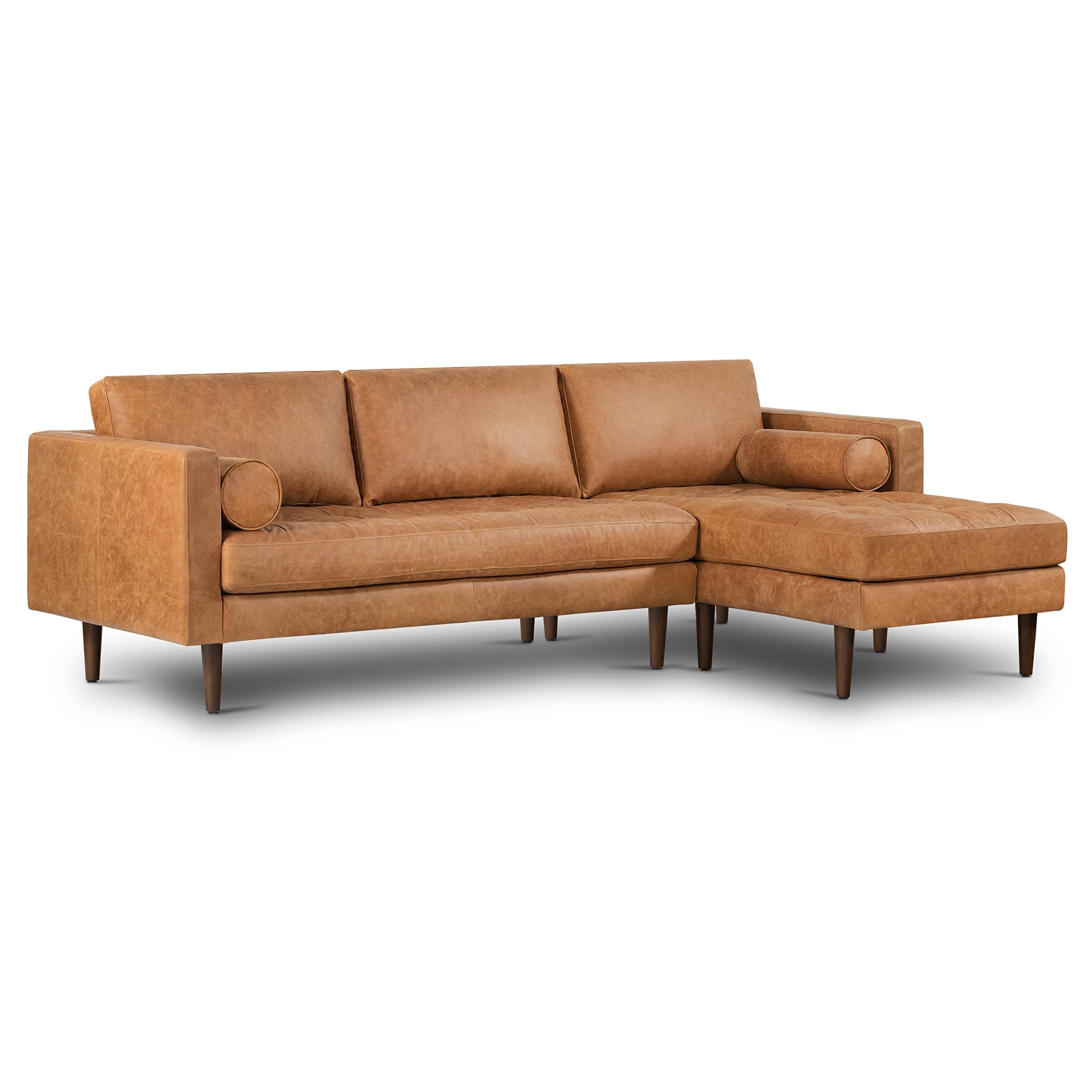 POLY & BARK Napa 104.5" Right-Facing Sectional Sofa – Cognac Tan Full-Grain Pure-Aniline Italian Leather, Feather-Down Cushions, Solid Wood Frame