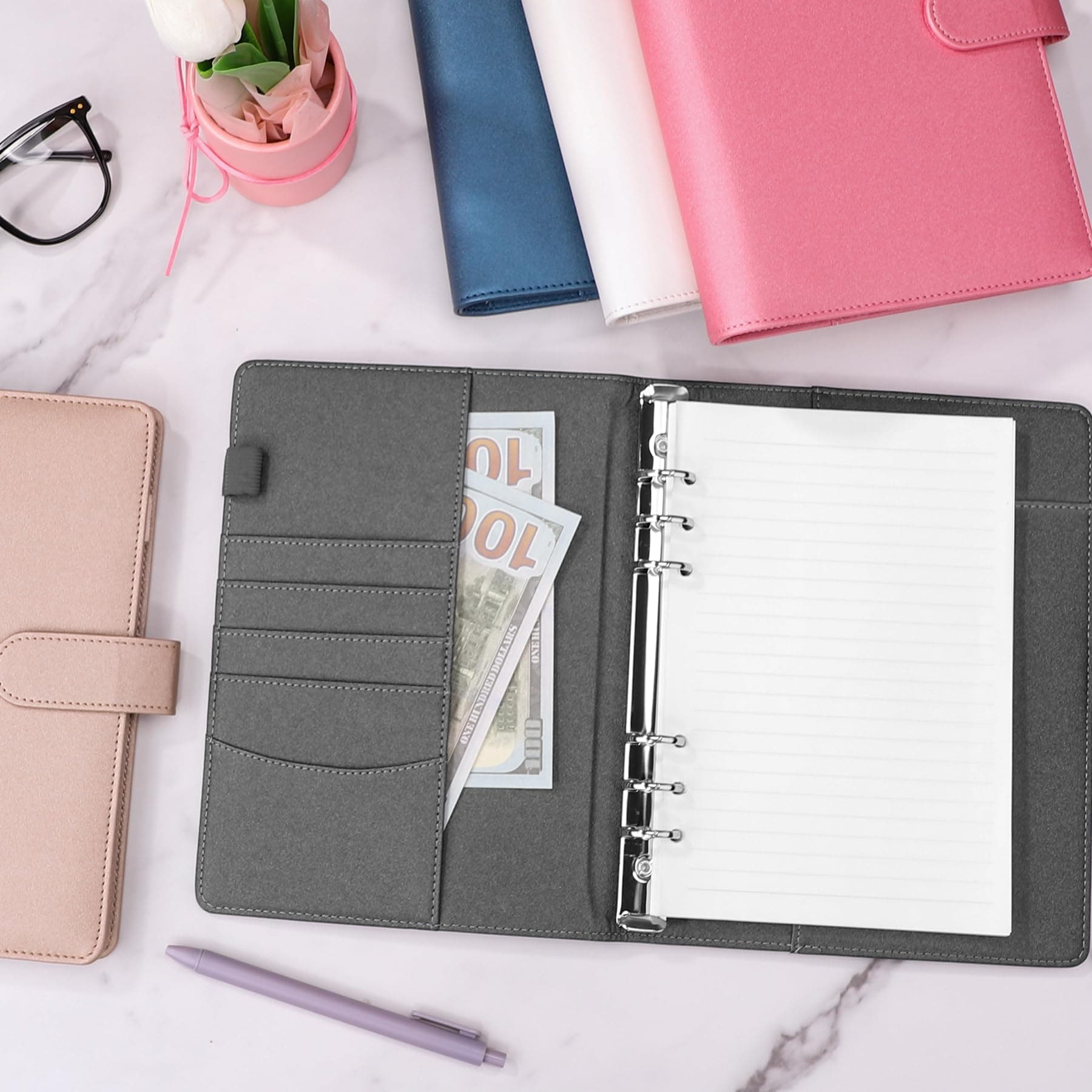 Antner A5 Binder 6 Ring Refillable Notebook Budget Planner Cover for Cash Organizer, PU Leather Loose Leaf Photocard Holder Aesthetic Binder with Magnetic Buckle for A5 Planner Inserts, Glitter Black