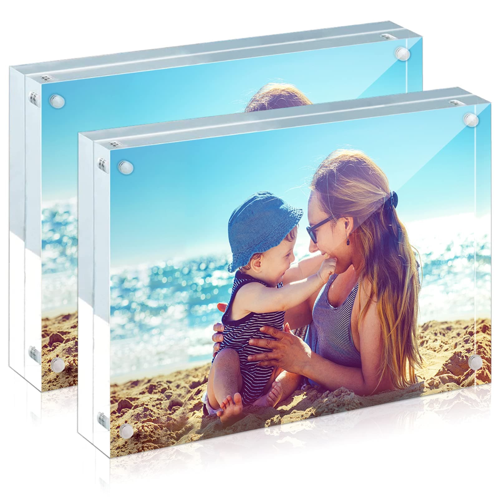 HELPLEX Acrylic Frames, 2 Pack 5x7, 24mm Thicker Frameless Clear Frame, Double Sided Magnetic, Free Standing Desktop Display