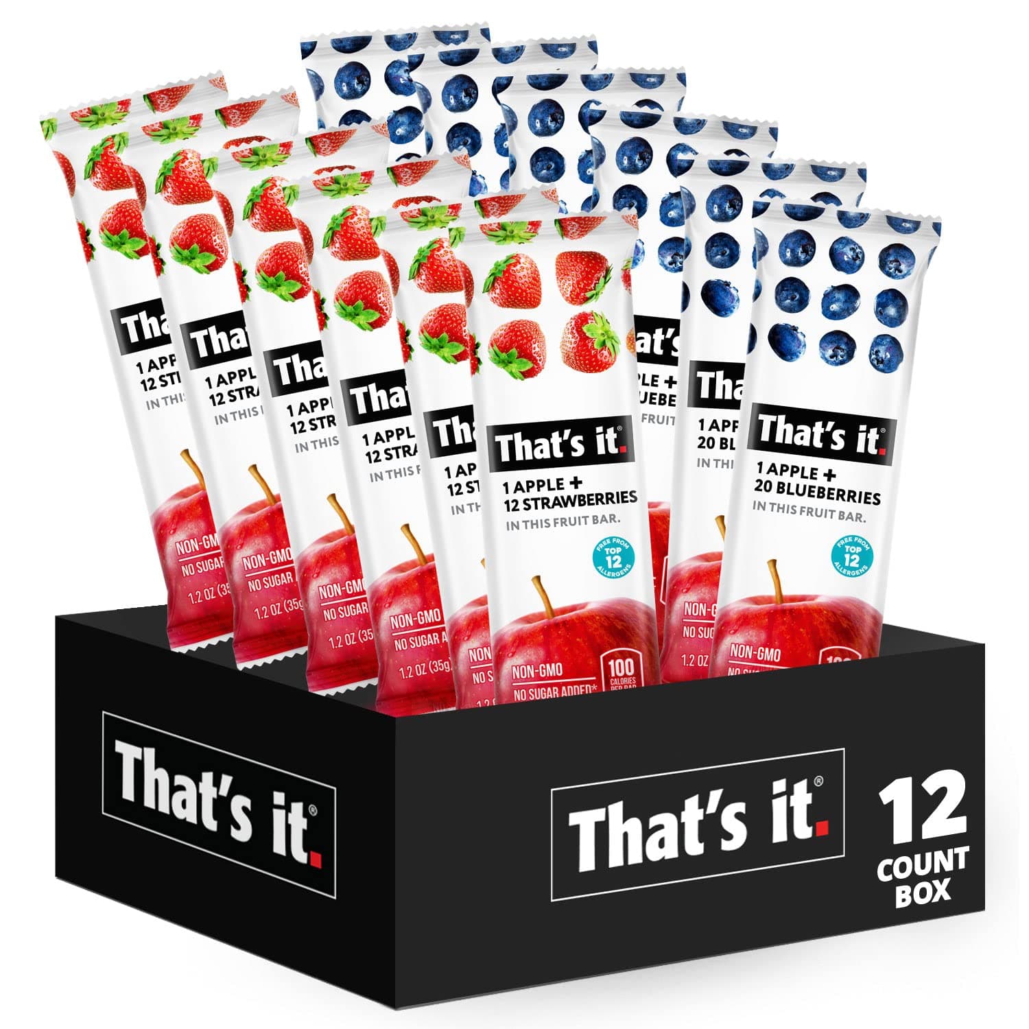 That's it 12 Variety Pack Fruit Bars (6 Strawberry, 6 Blueberry) No Sugar, 100% Natural Real Fruit Bar, High Fiber Vegan, Gluten Free, Paleo, Non-GMO