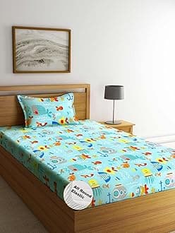 DECOMIZER Cartoon Kids Cotton Feel All Around Elastic Fitted Single Bed Bedsheet with 1 Pillow Covers Fits Upto Mattress of 6 Inches,Size - 42 x 75 x 8 Inches,Design- Aquarium