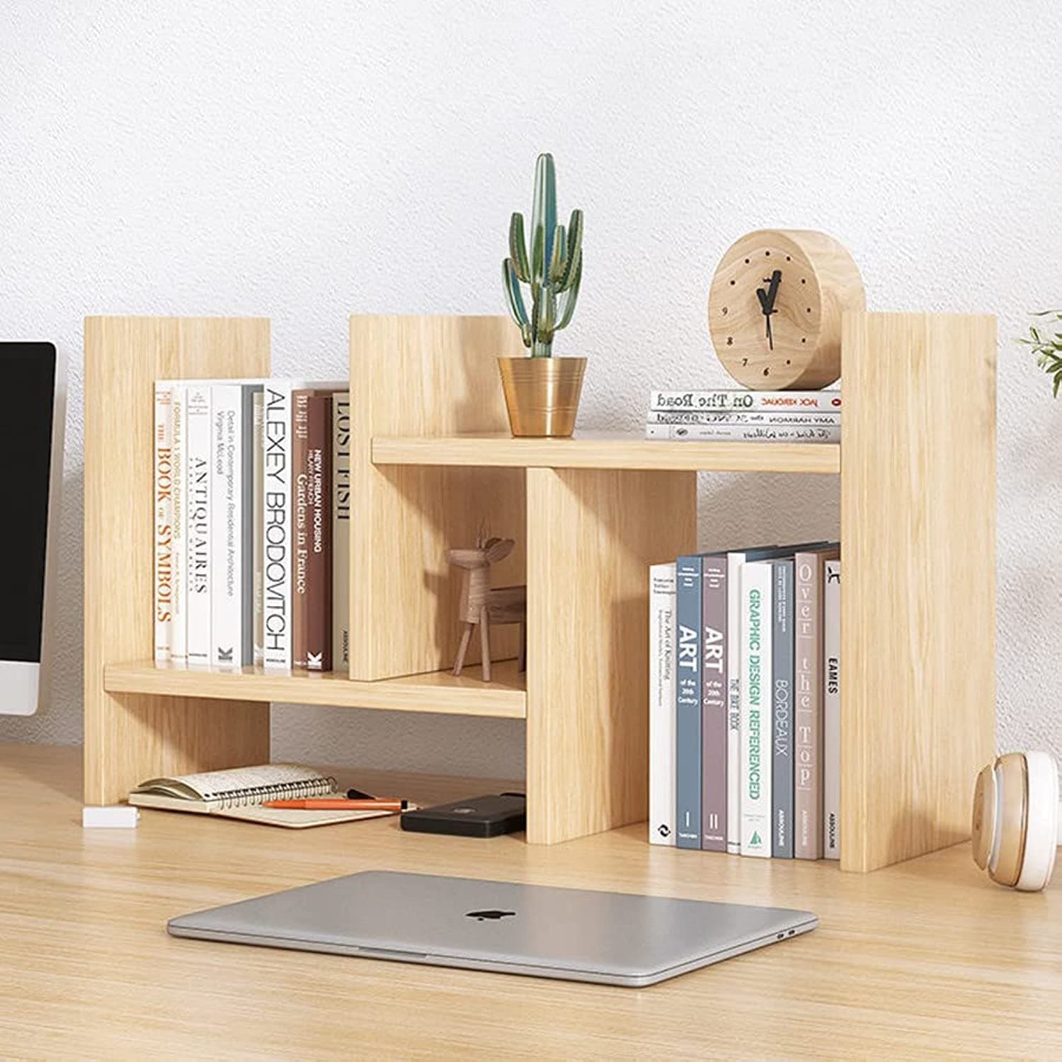 U-HOOME Desktop Organizer Office Storage Rack Adjustable Wood Display Shelf- Free Style Double H Display- Office Supplies Desk Organizer,Desktop Bookshelf Desk Storage Organizer