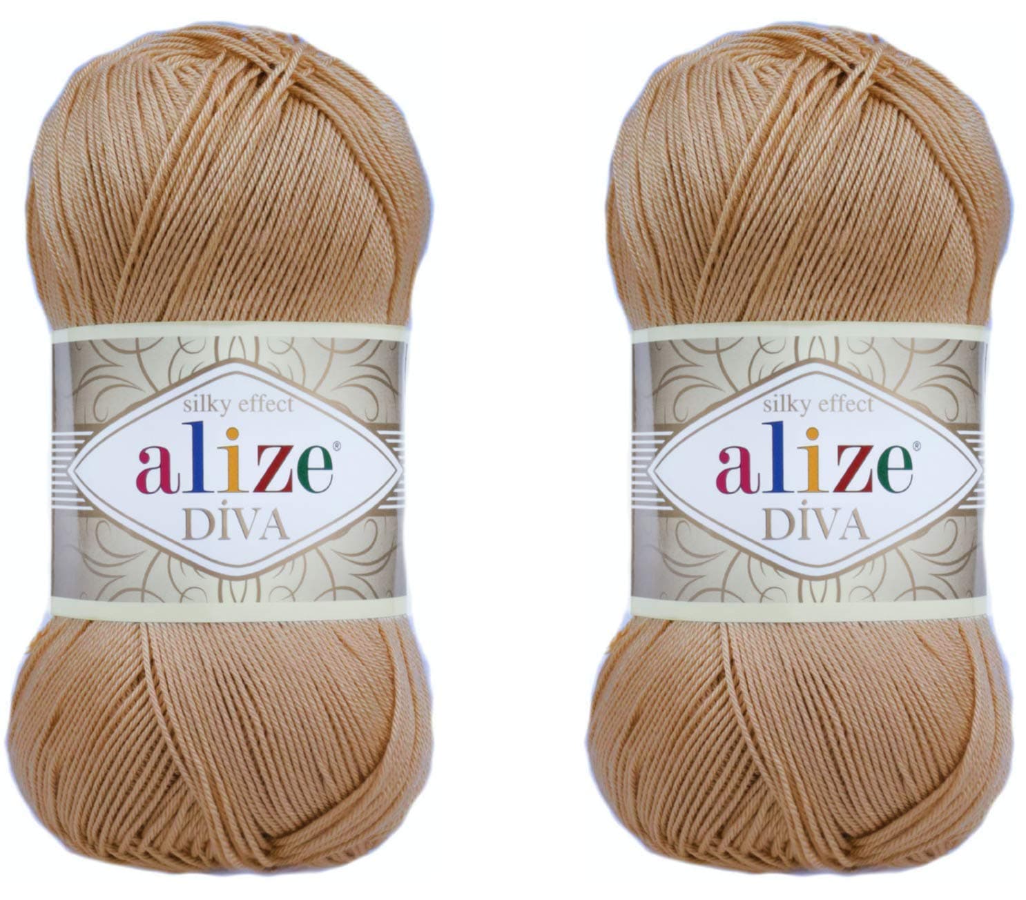 Alize Diva Microfiber Acrylic Yarn - Silk Effect Thread for Crochet & Lace Craft - Lot of 2 Skeins, 200gr, 767 yds (Caramel)
