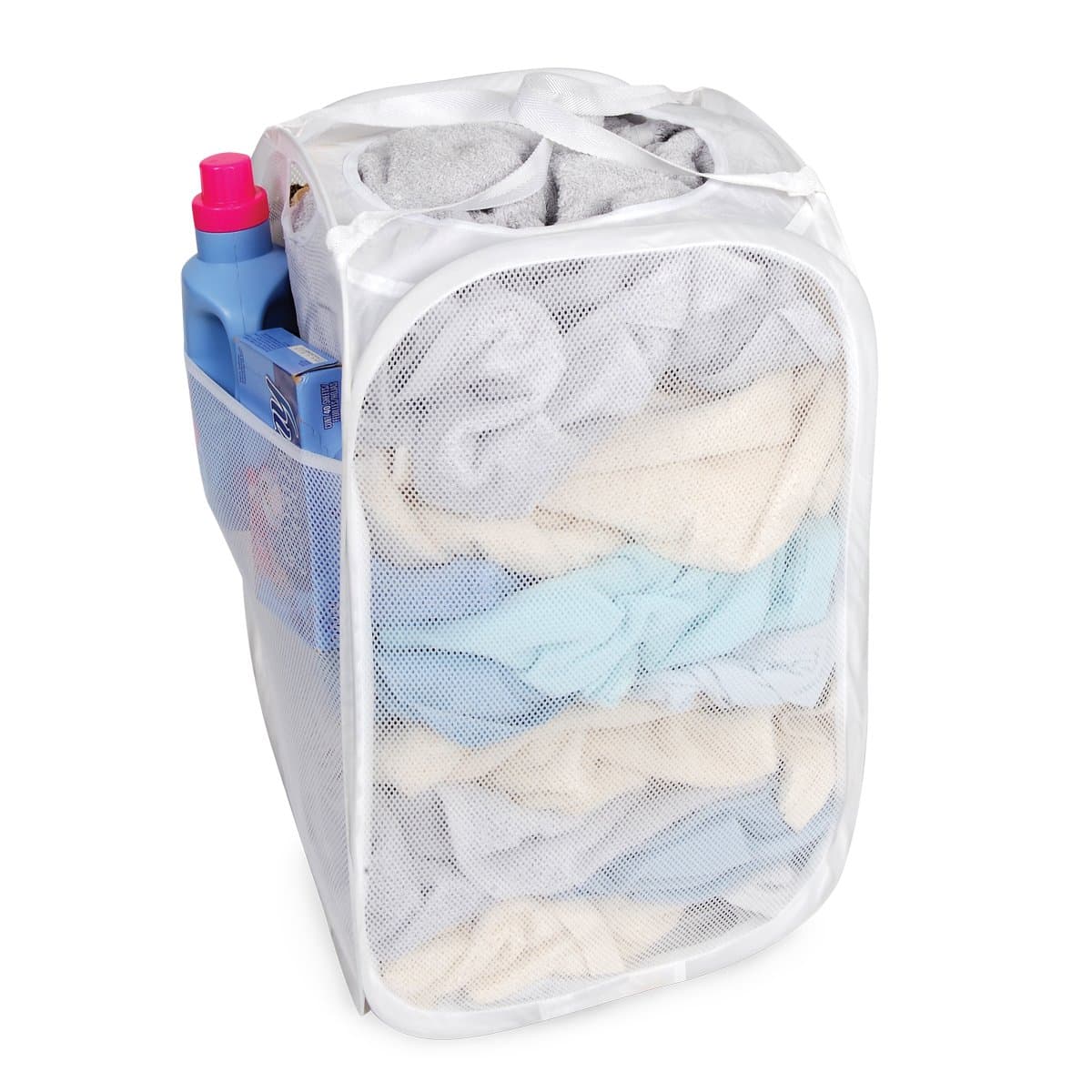 Deluxe Mesh Pop Up Square Laundry Hamper w/ Side Pocket & Handles - VentilAir Fabric Collapsible Design - for Clothes & Laundry - Home - (Holds 2 Loads) (14 x 23 Inch) [White]