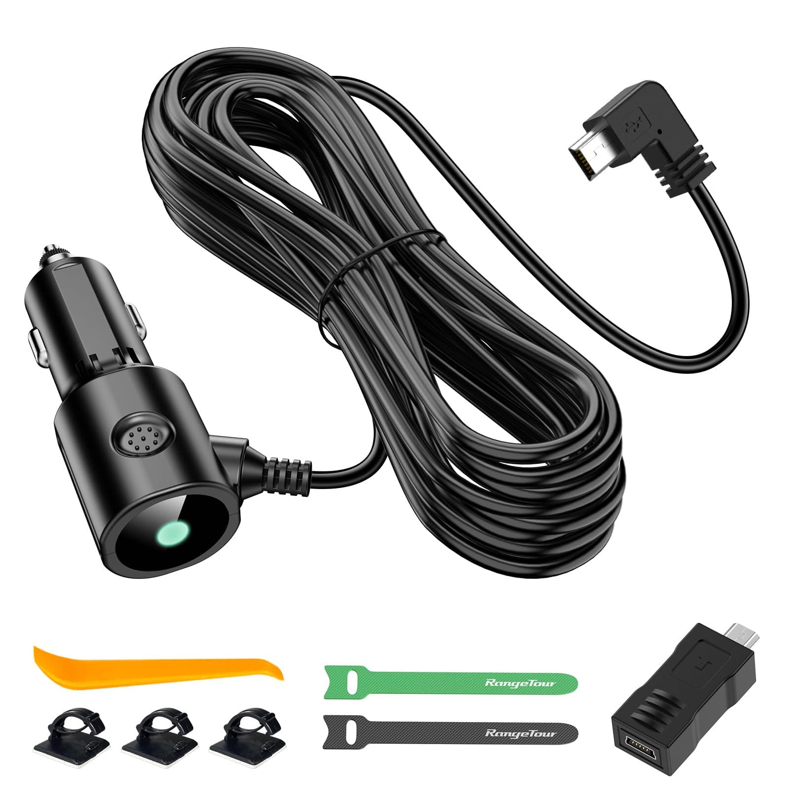 Dash Camera Car Charger, Mini USB and Micro USB Interfaces, L-Type Driving Recorders Power Cord Universal Car Adapter Power Cord 3.5m/11.5ft 12V/24V to DC5V 2A(L Interface)
