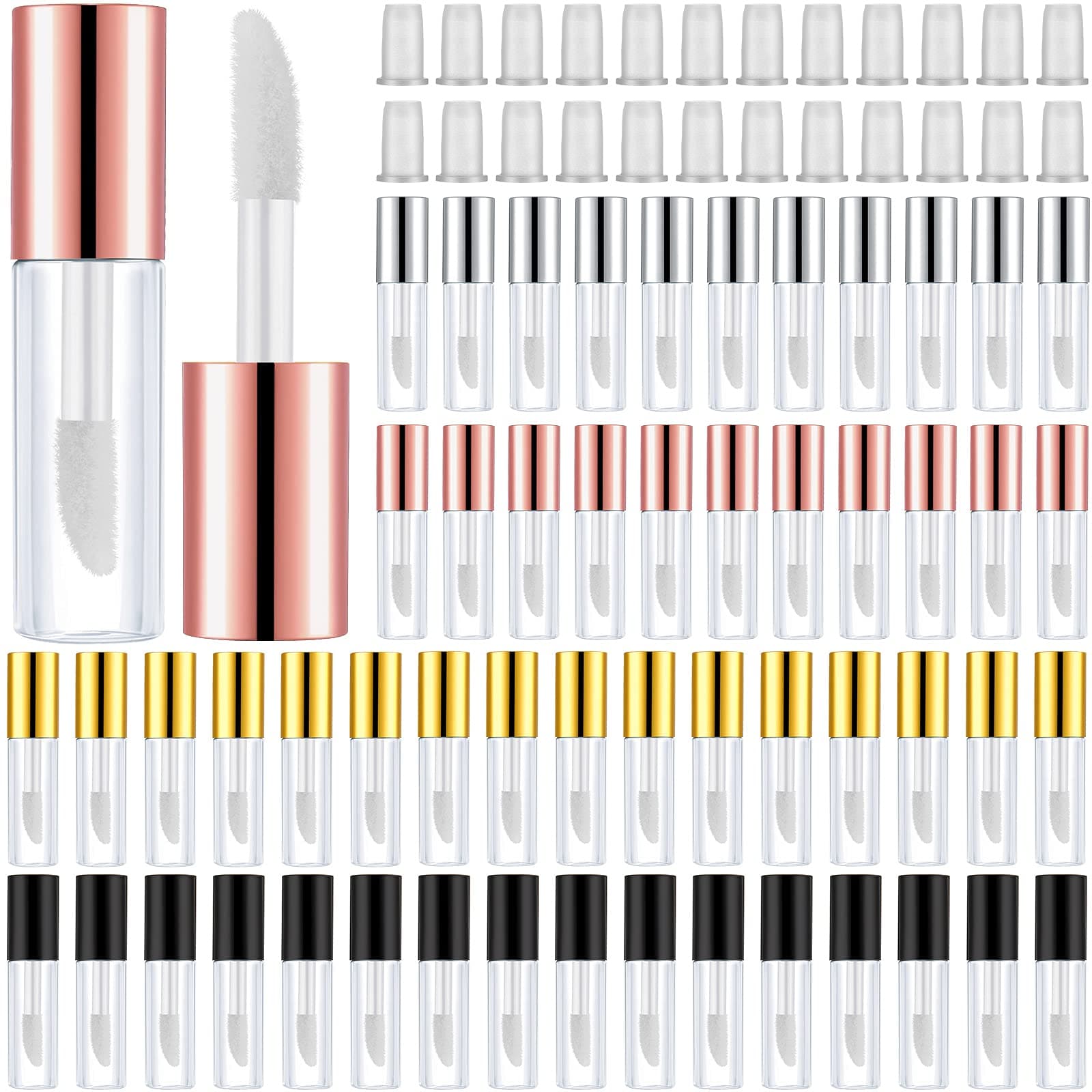 Patelai 100 Pieces Clear Mini Lip Gloss Tube Refillable Empty Lip Balm Gloss Containers Bottles Transparent Mini Lipstick Containers for Women DIY Makeup, Gold, Rose Gold, Black, Silver, 1.2ml