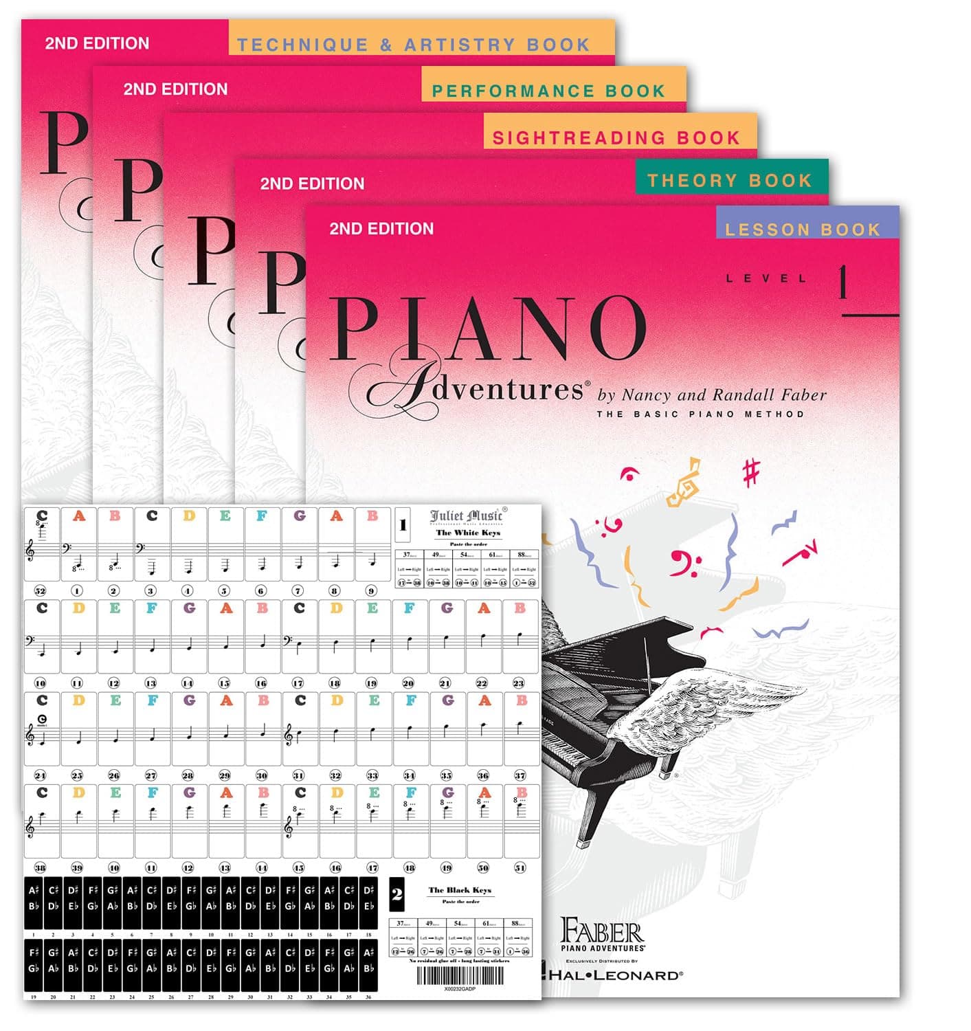 Piano Adventures Level 1 Bundle Set 5 books By Nancy Faber - Lesson, Theory, Performance, Sightreading, Technique & Artistry Books & Juliet Music Piano Keys Stickers (5 L1)