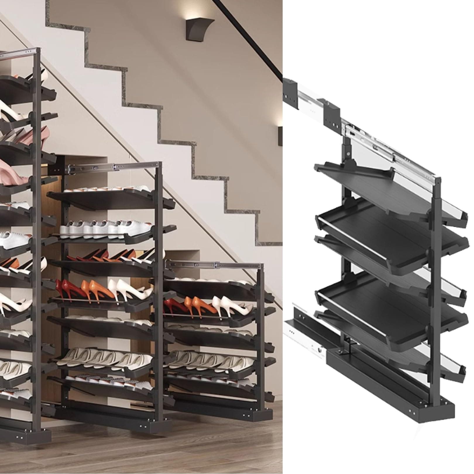 Pull-Out Shoe Rack Organizer for Closet Shoe Cabinet,Adjustable Height Retractable Metal Stackable Shoe Rack, Vertical Shelf Organizer for Small Bedroom Closet, Space Saving Storage, Black(80cm,5 Tier