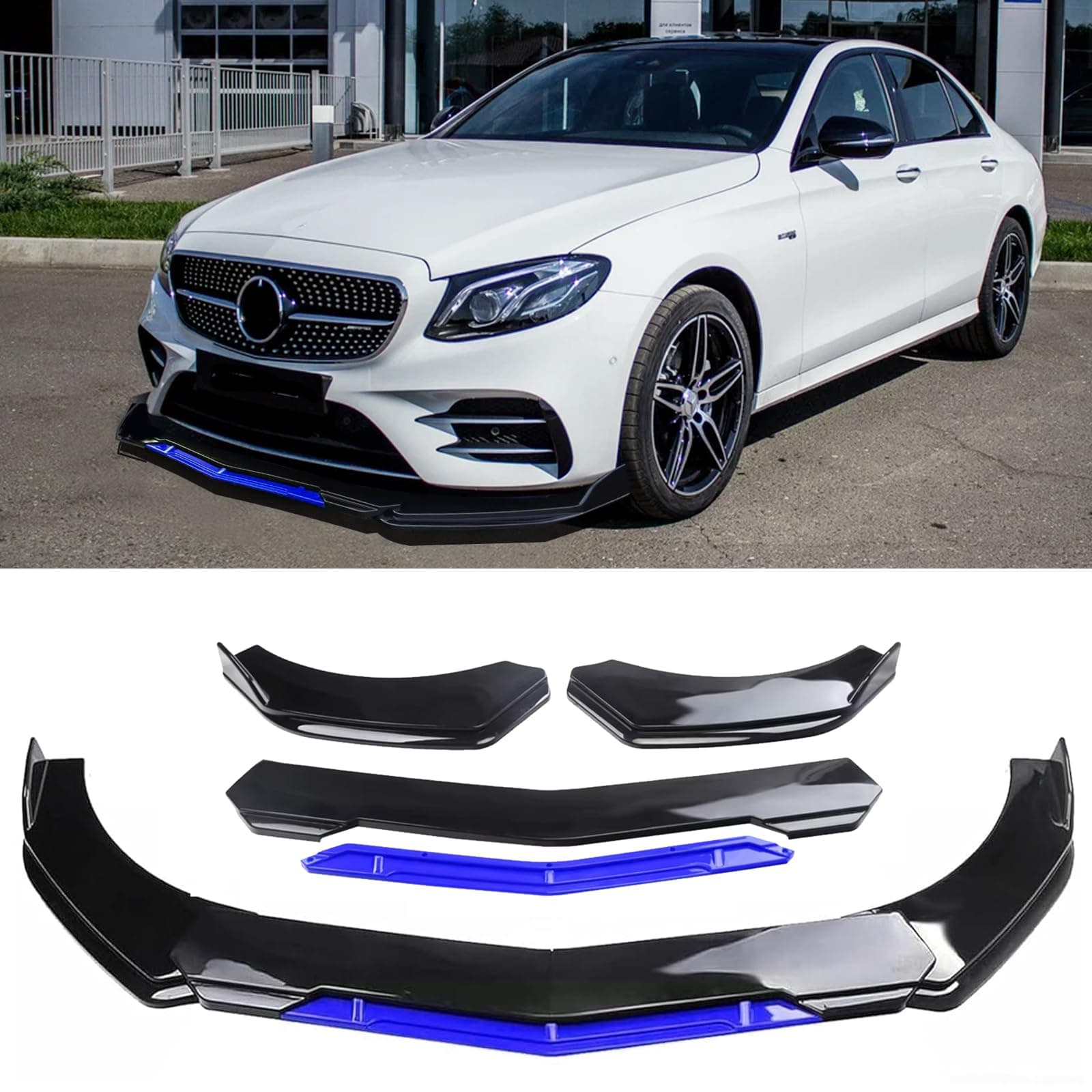 Universal Front Lip for Car,Glossy Black Front Bumper Lip, ABS Adjustable Sharp Corner Front Bumper Lip Splitter Protector Replacement for Most Vehicle (Glossy Black w/Blue)