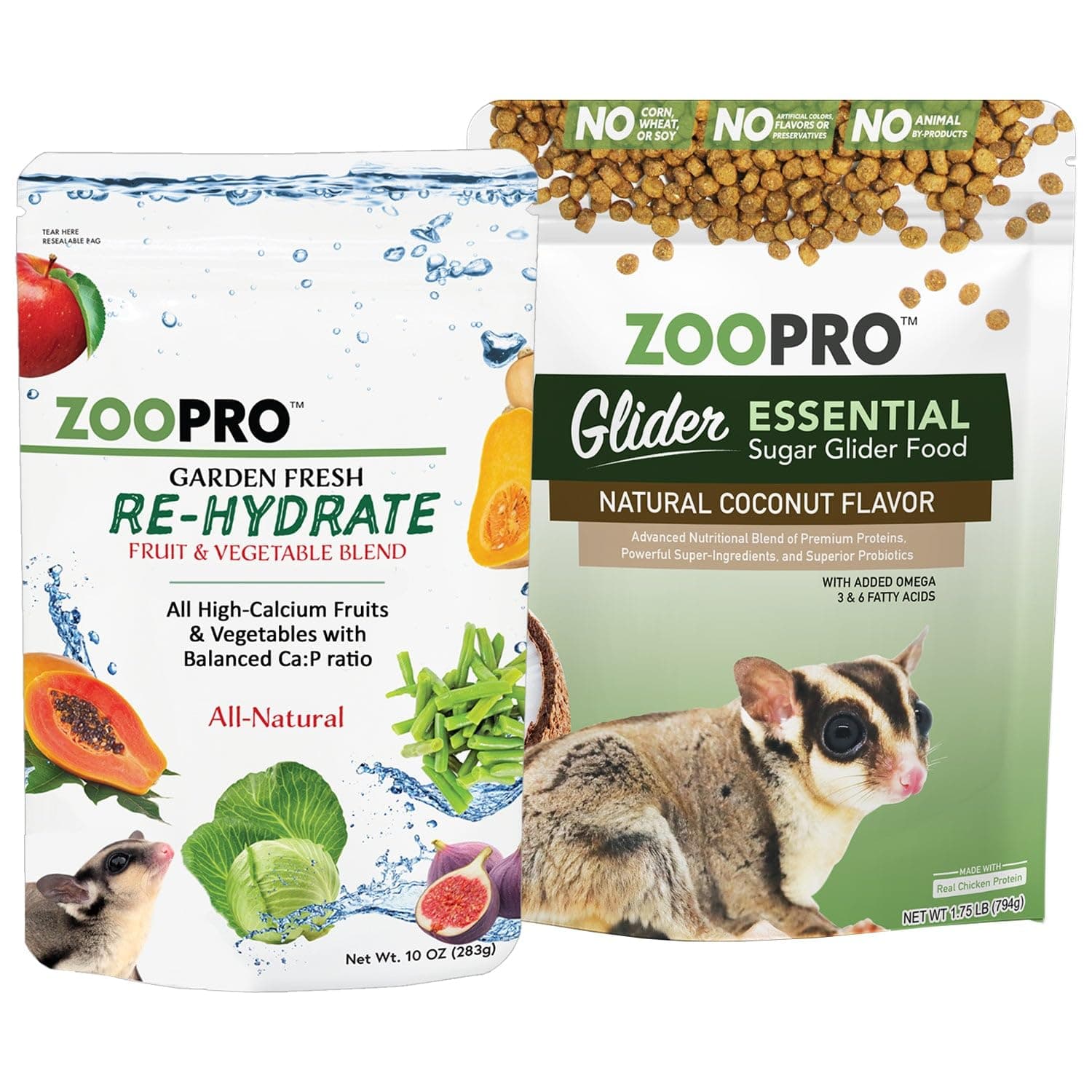 Exotic Nutrition Sugar Glider Essential Food Starter Package - Includes Glider Essential Chicken Based High Protein Kibble & Healthy Garden Fresh Re-Hydrate Dried Vegetable Mix