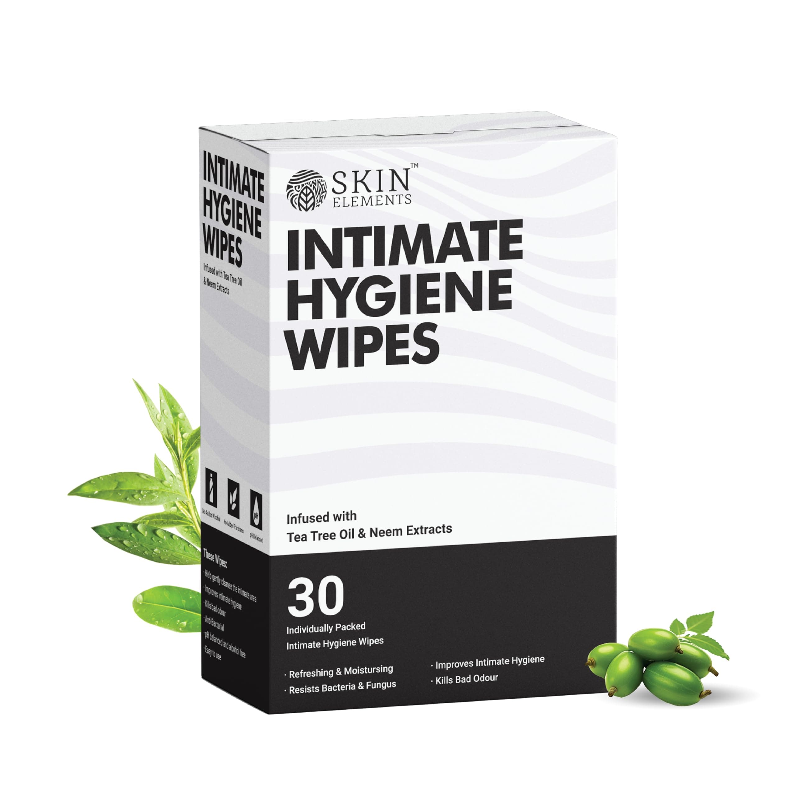 Skin Elements Intimate Hygiene Wipes | Unisex | pH balanced Wipes | Tea Tree Oil & Neem Extracts | 30 Individual Wipes | Pre and Post Intimacy