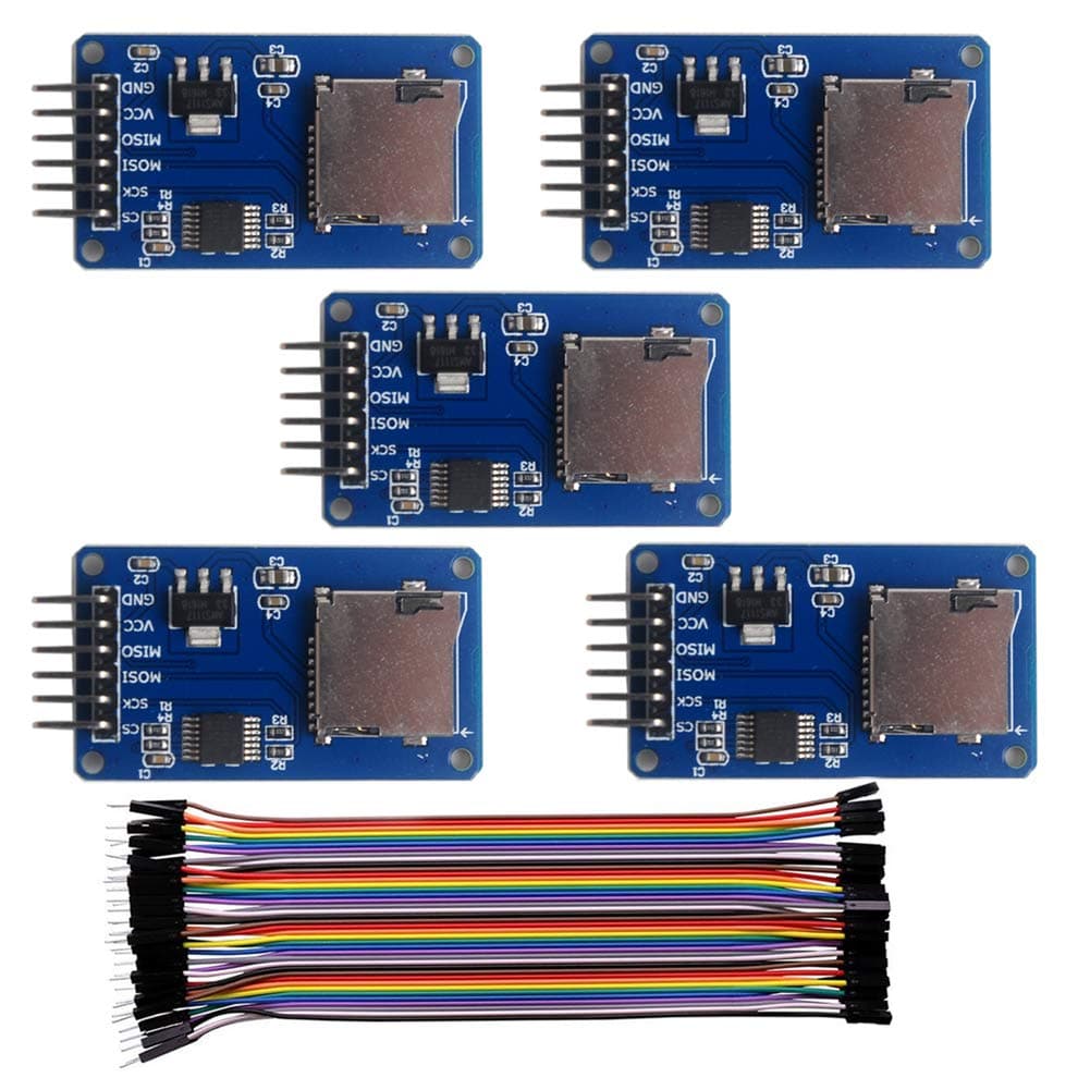 5 PCS Micro SD Card Module Mini TF Card Adapter with Memory Storage Breakout Board SPI Interface Driver + 40 PCS Female to Male Dupont Cable Line for Arduino Raspberry Pi