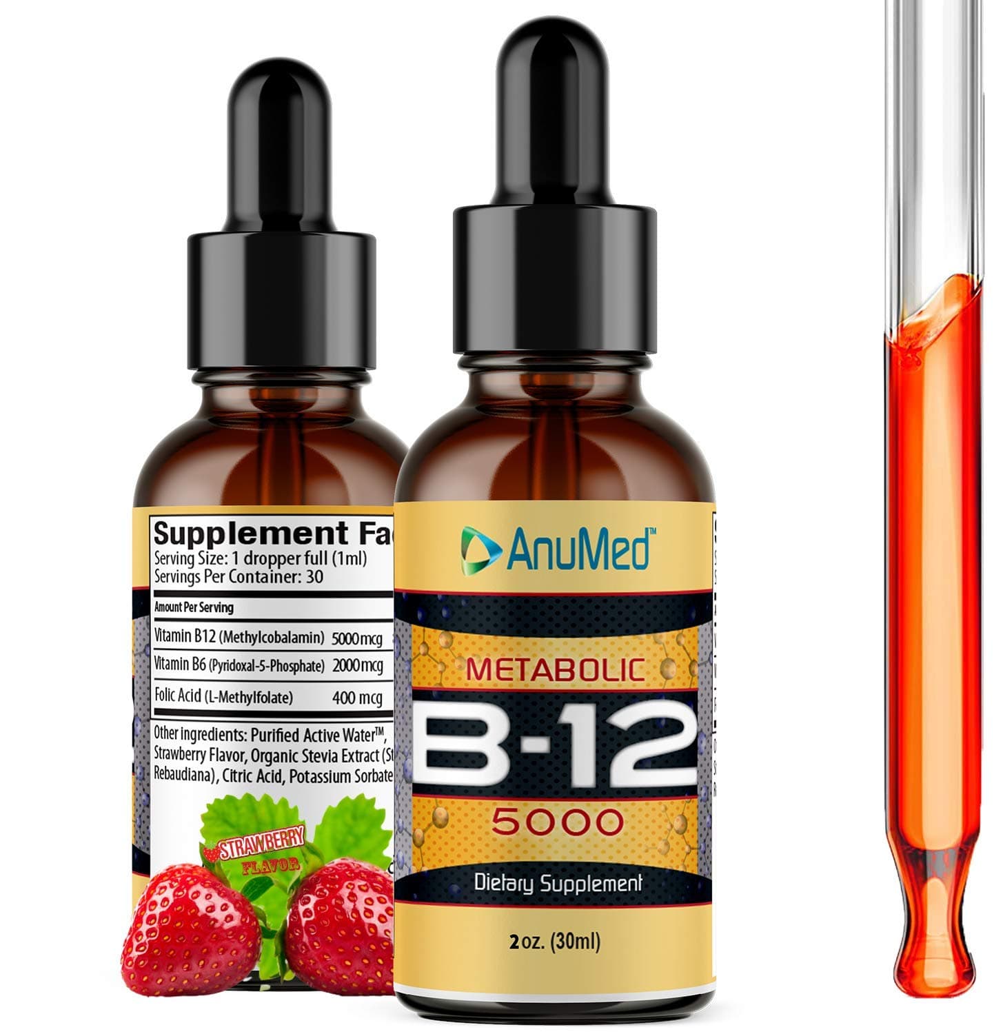 ANUMED - Vitamin B12 5000 mcg Liquid with B-Complex (Methylcobalamin) Sublingual Drops, Promotes Energy, Mental Alertness, Focus, Red Blood Cells, Memory, Metabolic, Brain Boost, Nervous System (2oz)