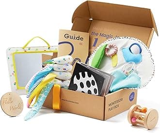 Montessori Baby Toy Set 0-3 Months Newborn Development Sensory Play Kit - 5-in-1 Mirror, Black & White Card Set, Rolling Bell, Play Mat, and Bed Wrap