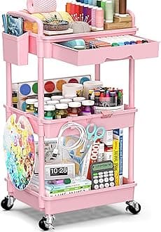 3 Tier Rolling Cart with Drawer, Bathroom Storage Organizer with 2 Lockable Wheels, Multifunctional Rolling Storage Cart for Bathroom, Kitchen, Office, Craft, Makeup, Baby Essentials, Pink